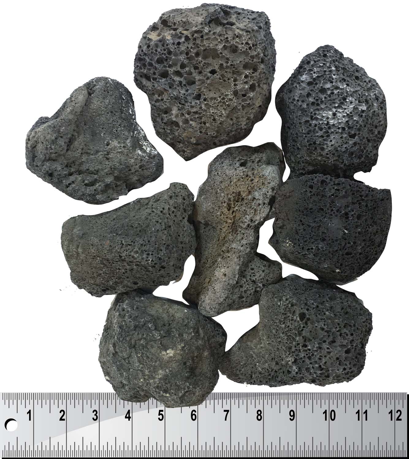 Lava rock boulders, dark gray porous stones with ruler scale