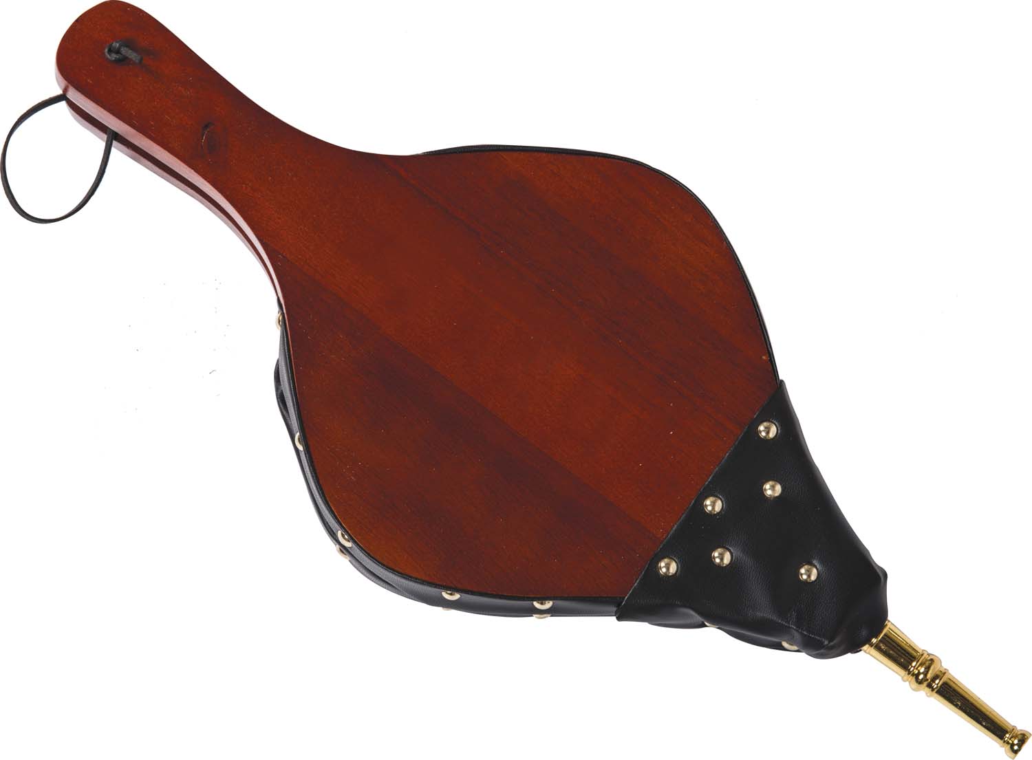 18-inch wooden bellow with brown body, black leather end, and brass nozzle