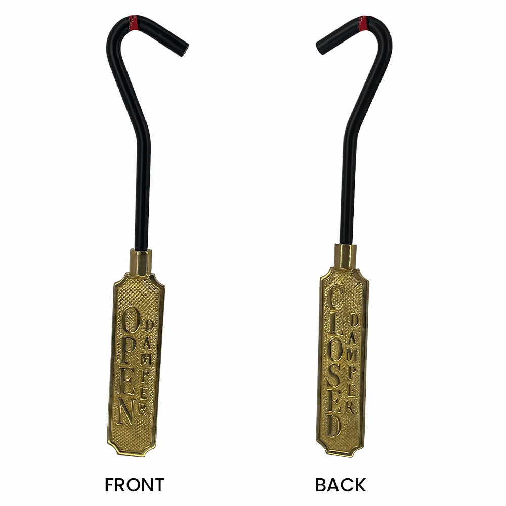 Polished brass damper hook front and back views with black grip, 11-inch length
