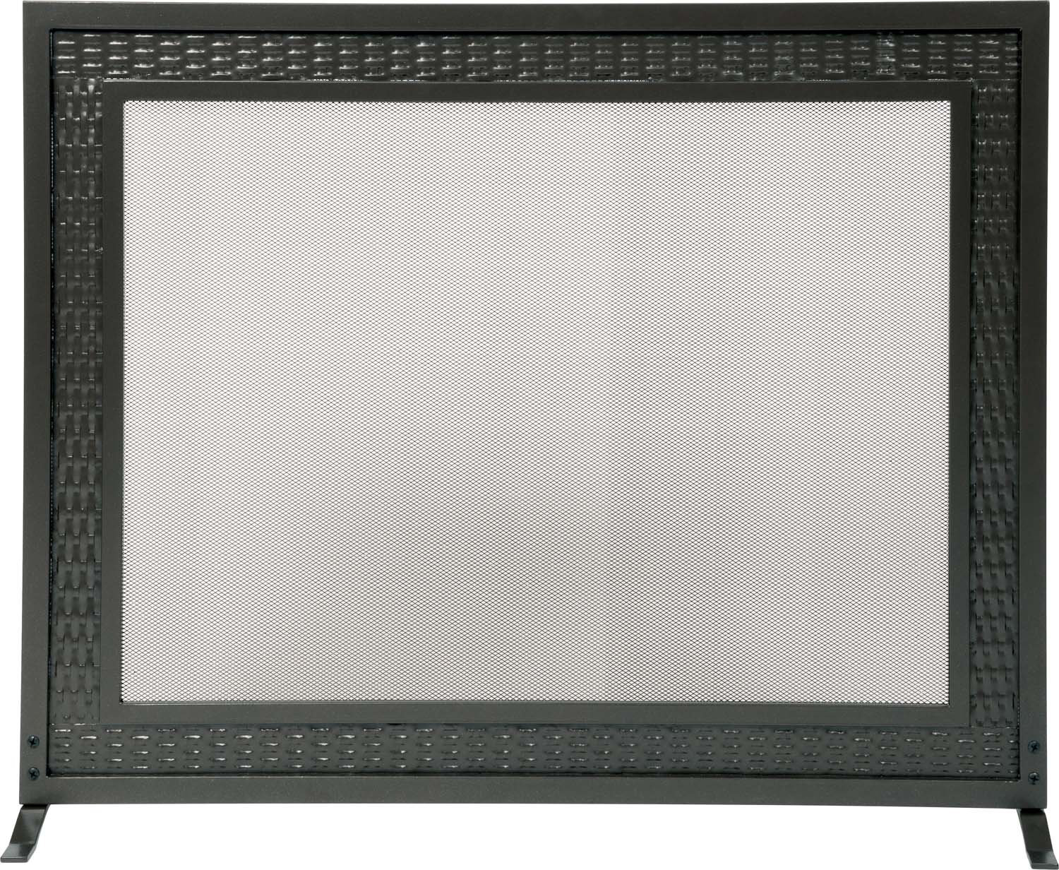 Rectangular dark metal fireplace screen with woven border and mesh panel