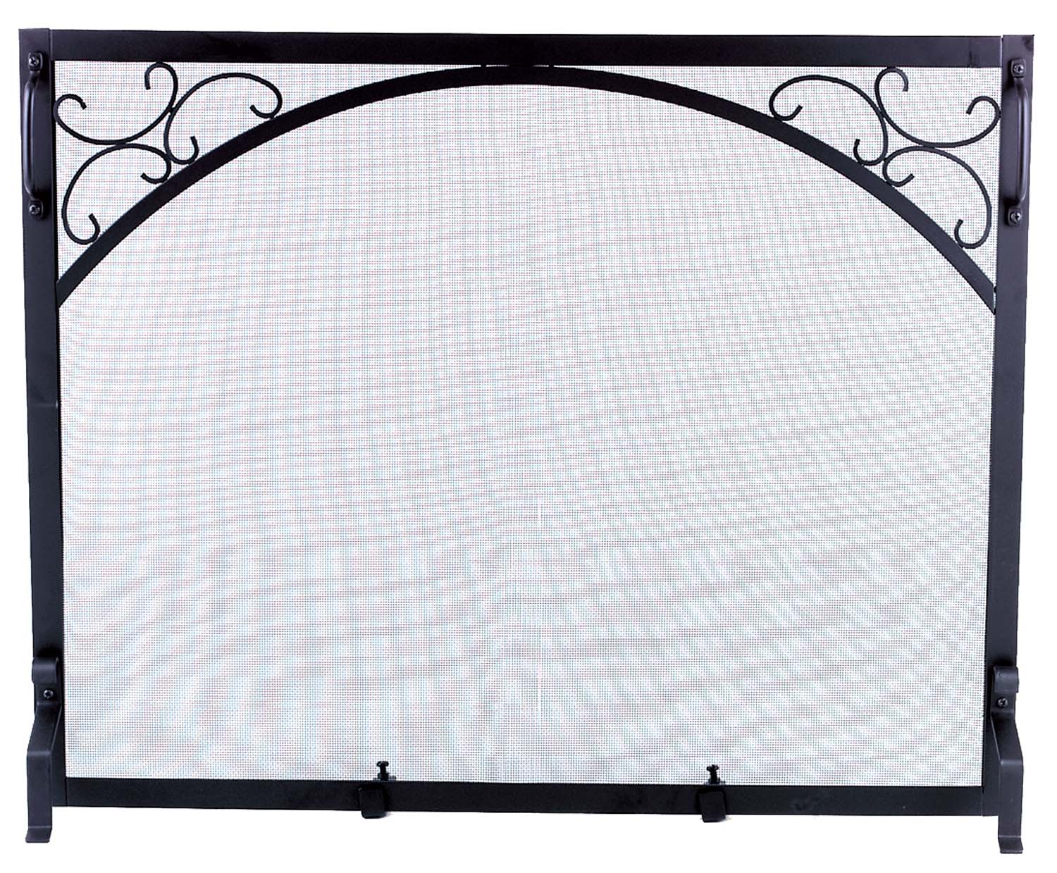Black wrought iron fireplace screen with arched scroll design and white mesh panel