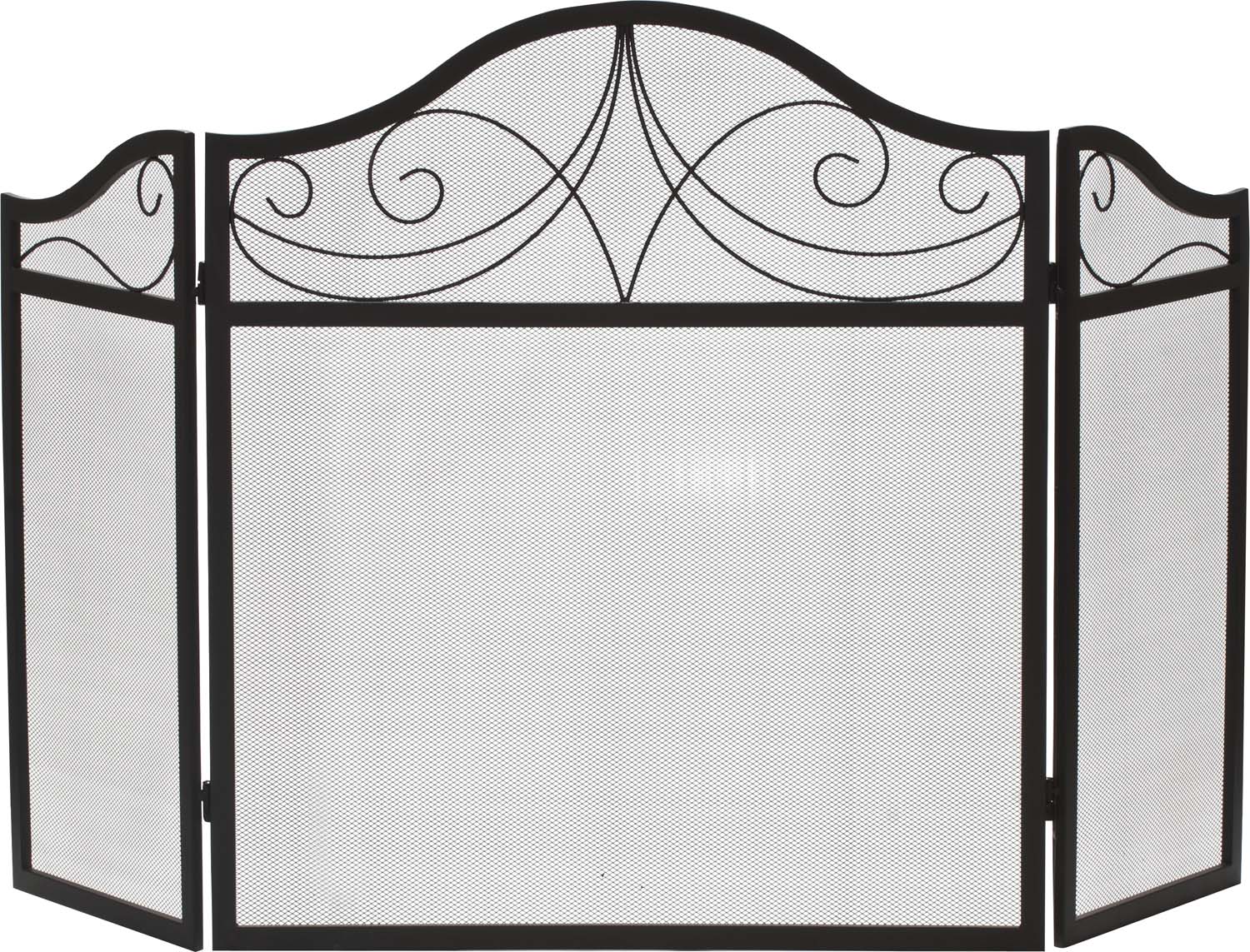 Black three-fold arched wrought iron fireplace screen with scrollwork and mesh panels