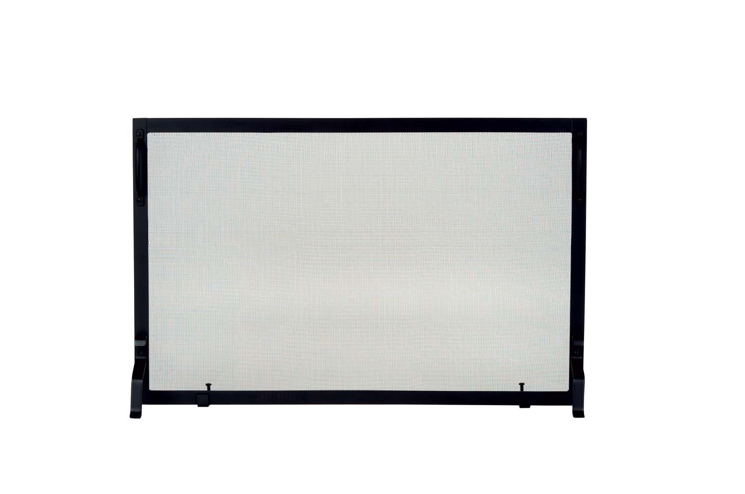 Black wrought iron fireplace screen with rectangular frame and mesh panel
