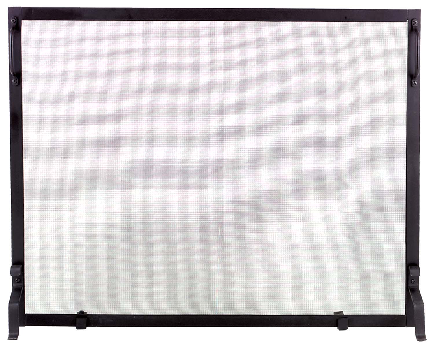 Black wrought iron fireplace screen with mesh panel and side posts
