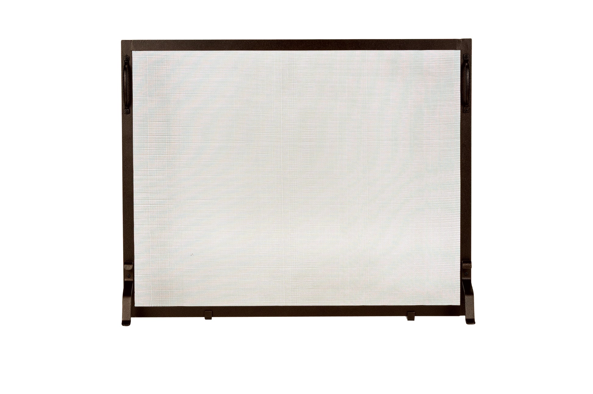 Bronze wrought iron fireplace screen with rectangular mesh panel and open frame