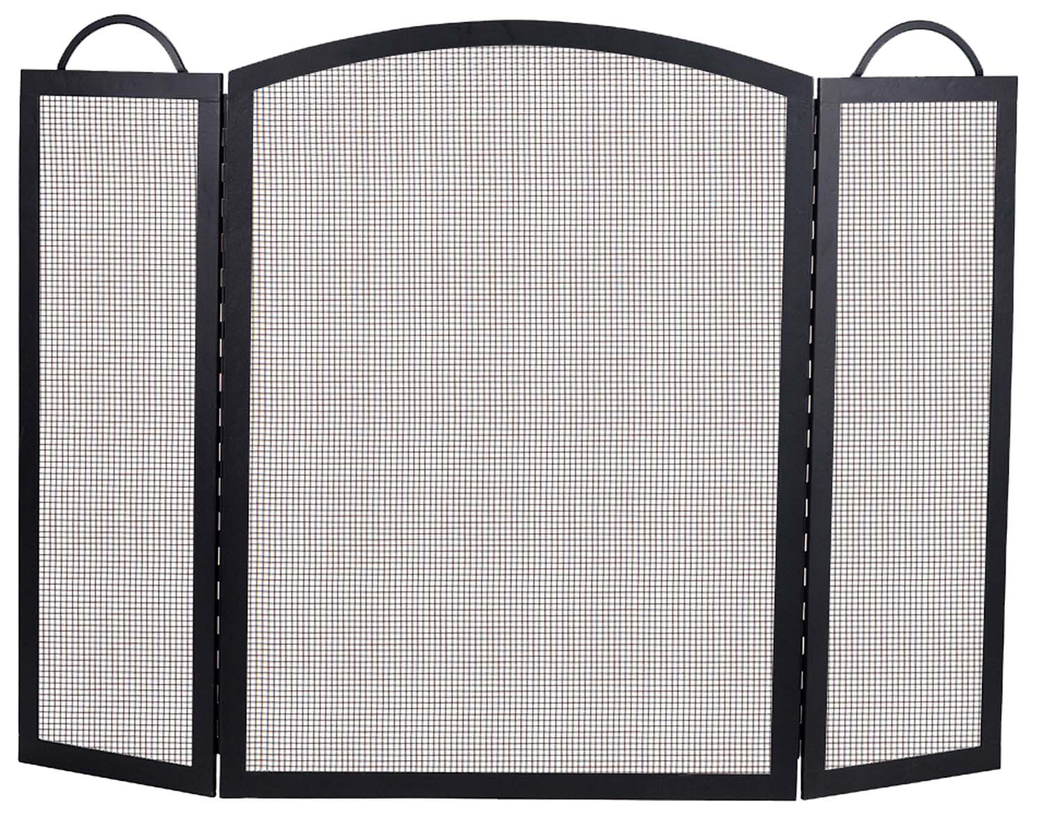 Three-panel arched fireplace screen with black frame and mesh panels