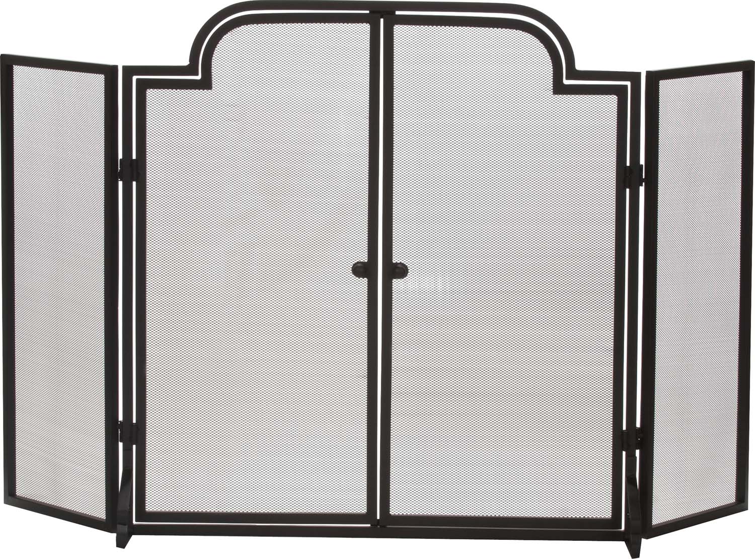 Arched wrought-iron three-fold fireplace screen with two mesh doors, black