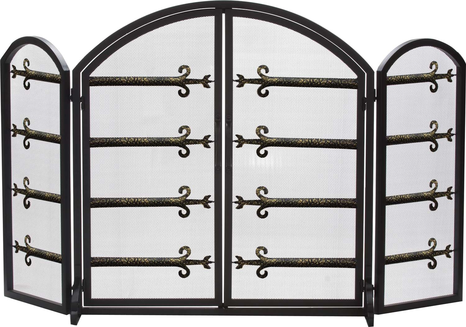 Arched fireplace screen with two folding doors, black frame, antique gold scrollwork.