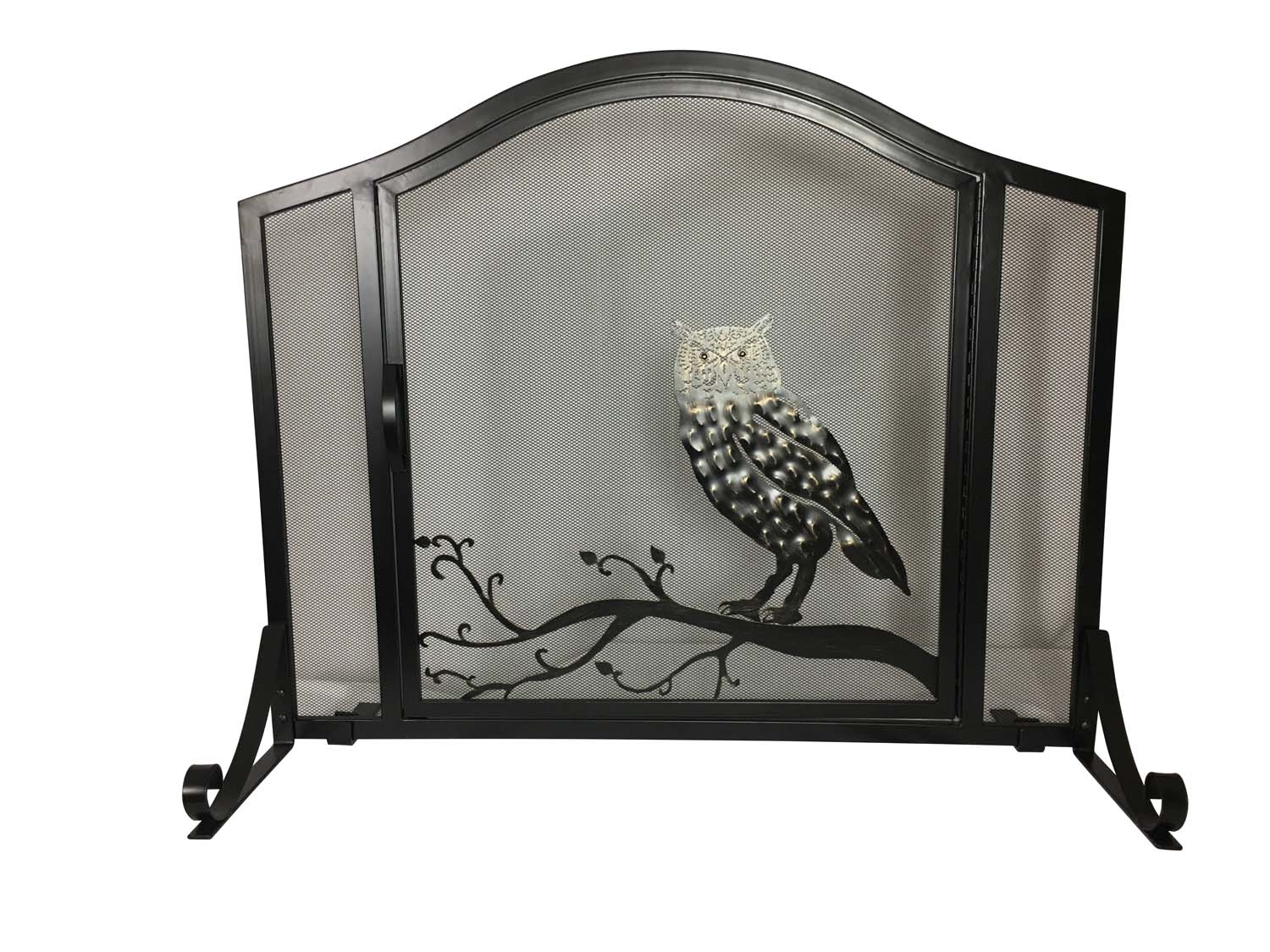 Arched wrought iron fireplace screen with glass door, owl and scroll metalwork, dark finish