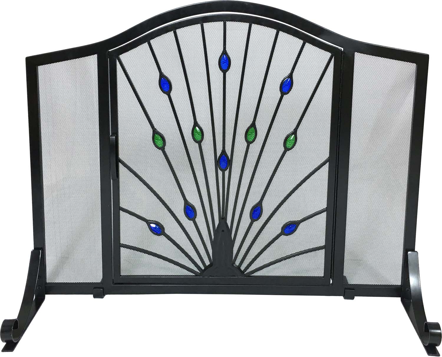 Arched wrought iron fireplace screen with peacock fan design, blue and green accents