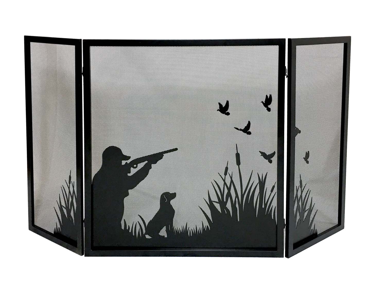 Three-fold black fireplace screen with duck hunting silhouette