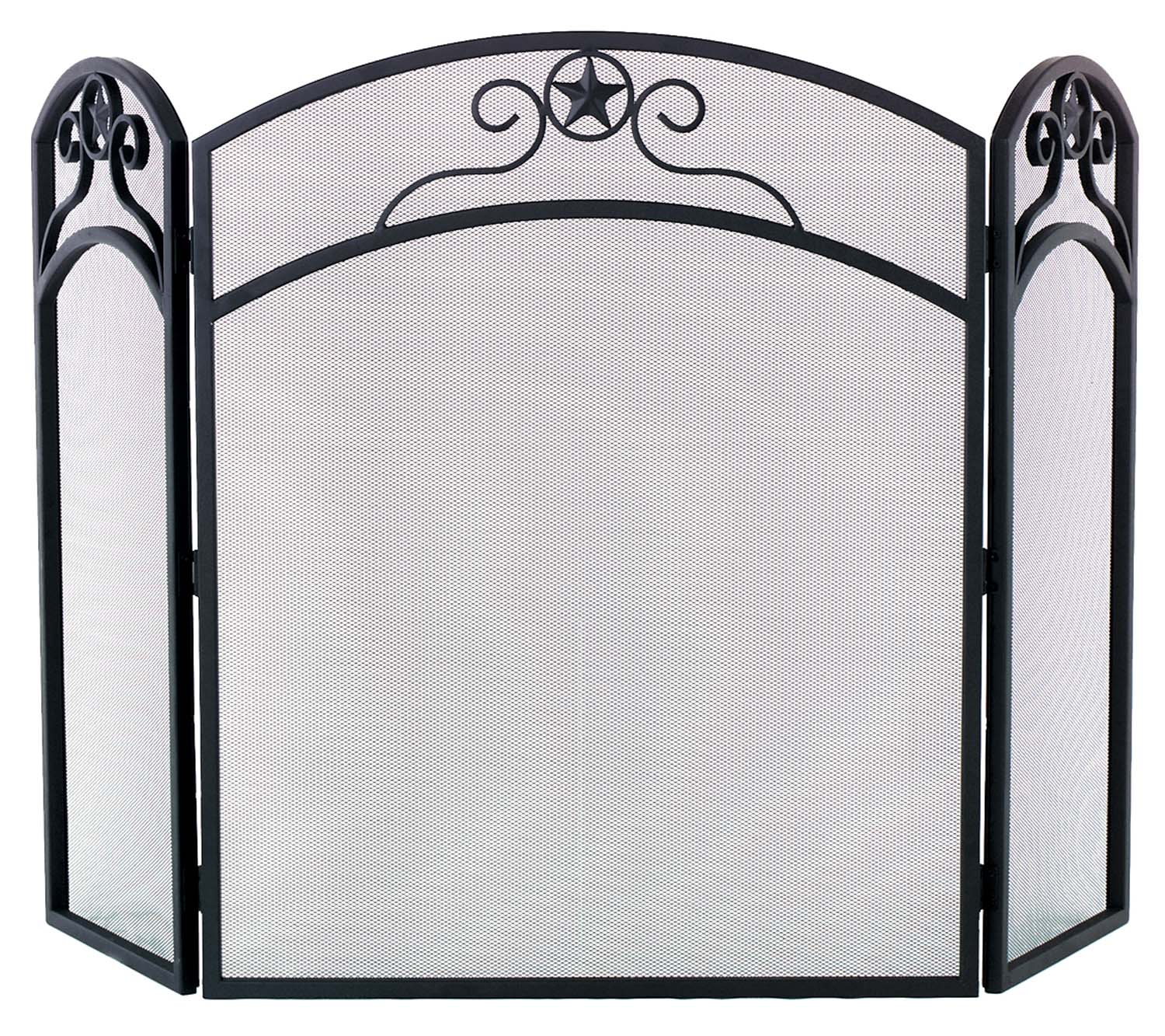 Arched wrought iron fireplace screen with mesh panel and star motif, three-fold