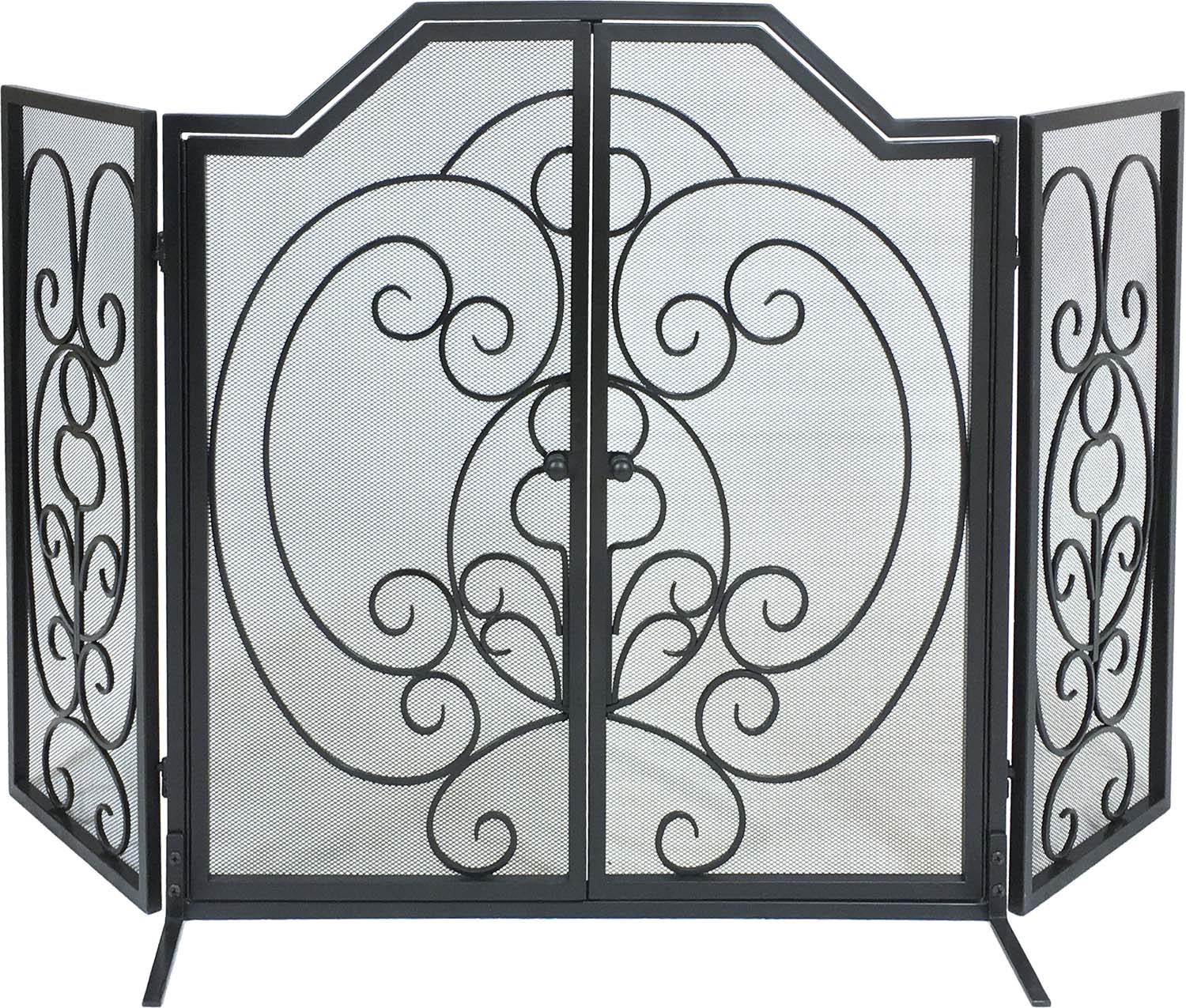 Black wrought iron three-fold arched screen with scrollwork doors and decorative center panel