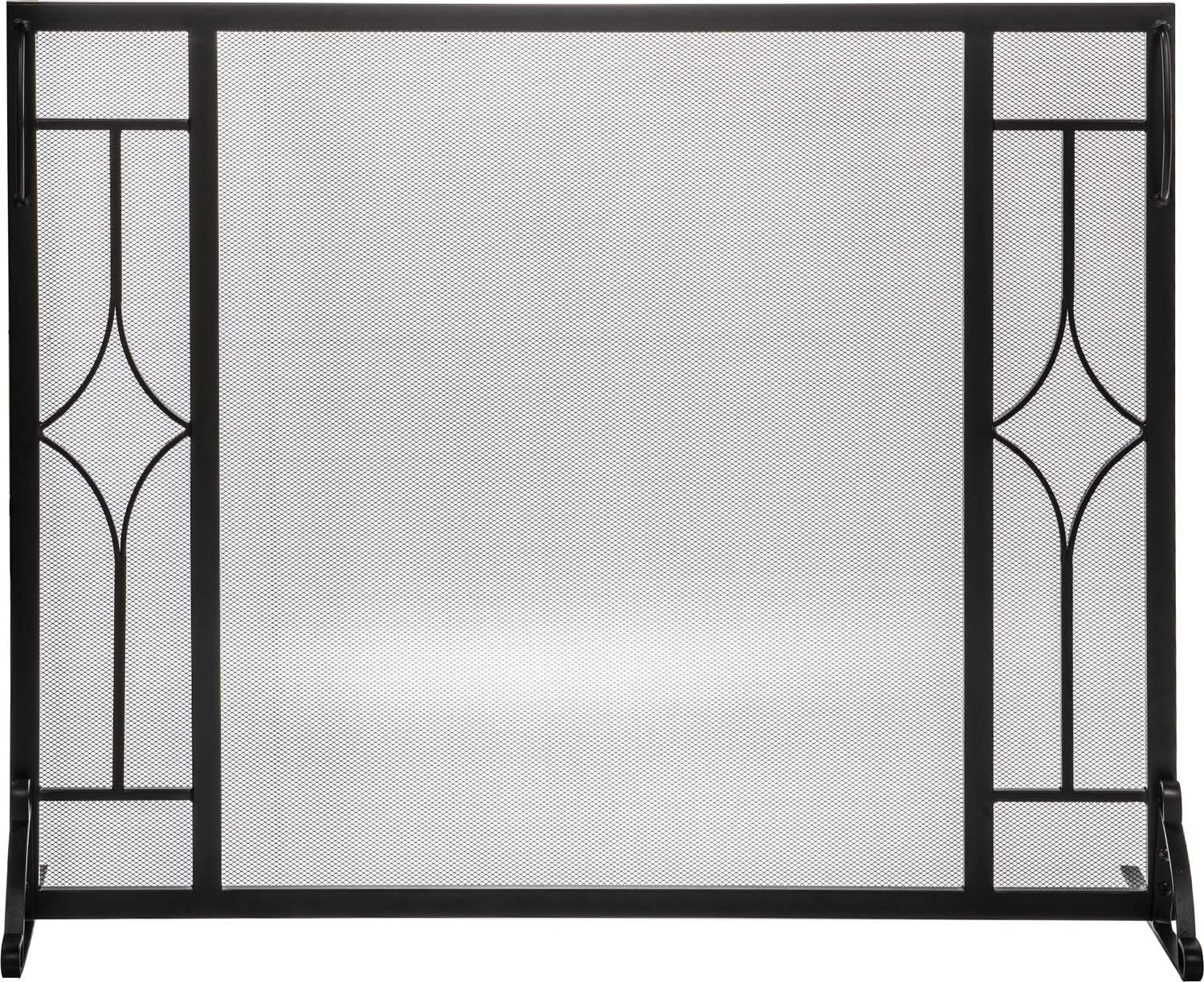 Fireplace screen with diamond design, black metal frame and mesh panel.
