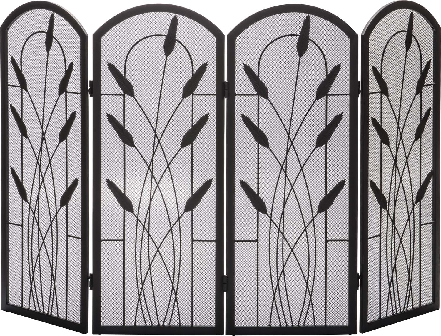Four-fold arched fireplace screen with black metal frame and cotton tail tuft design