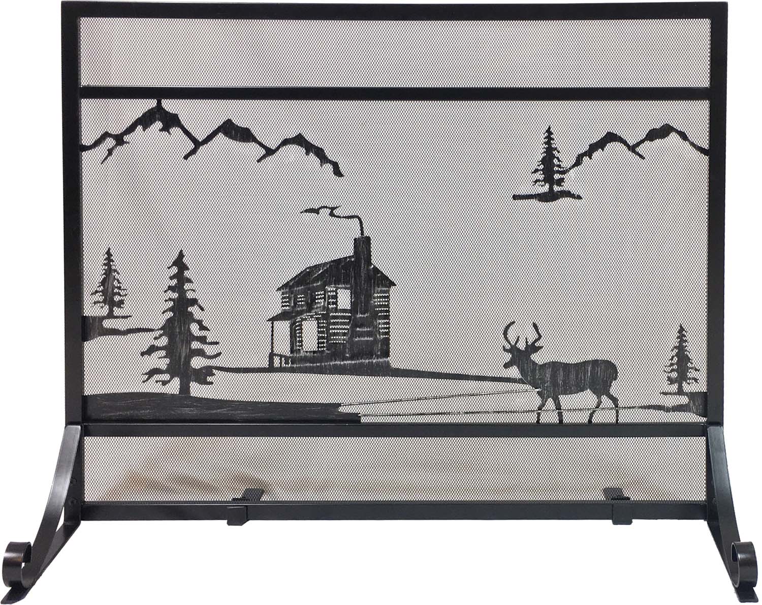 Black wrought iron fireplace screen with cabin, mountains, and deer scene