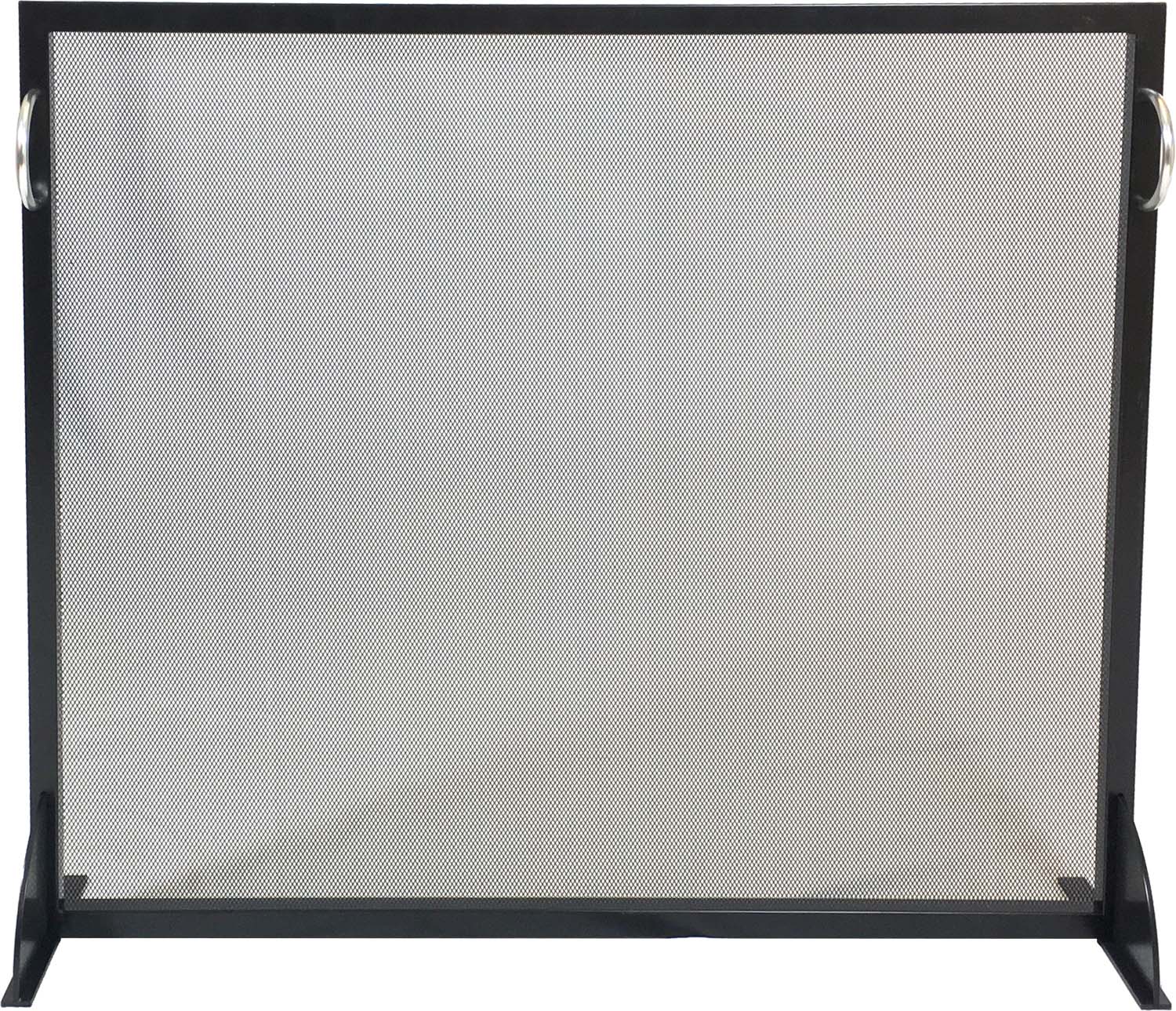 Fireplace screen with black metal frame and stainless steel mesh panel