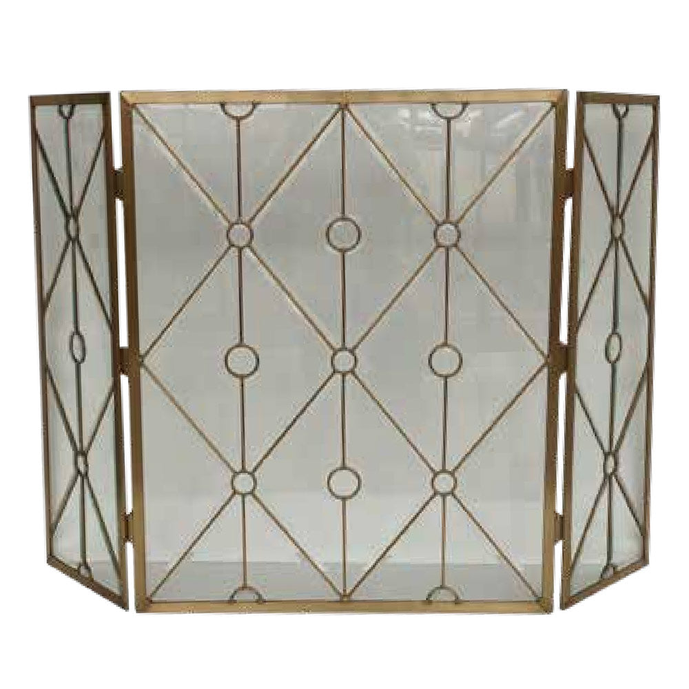 Three-fold bevelled glass panel screen with gold electroplated diamond and circle design