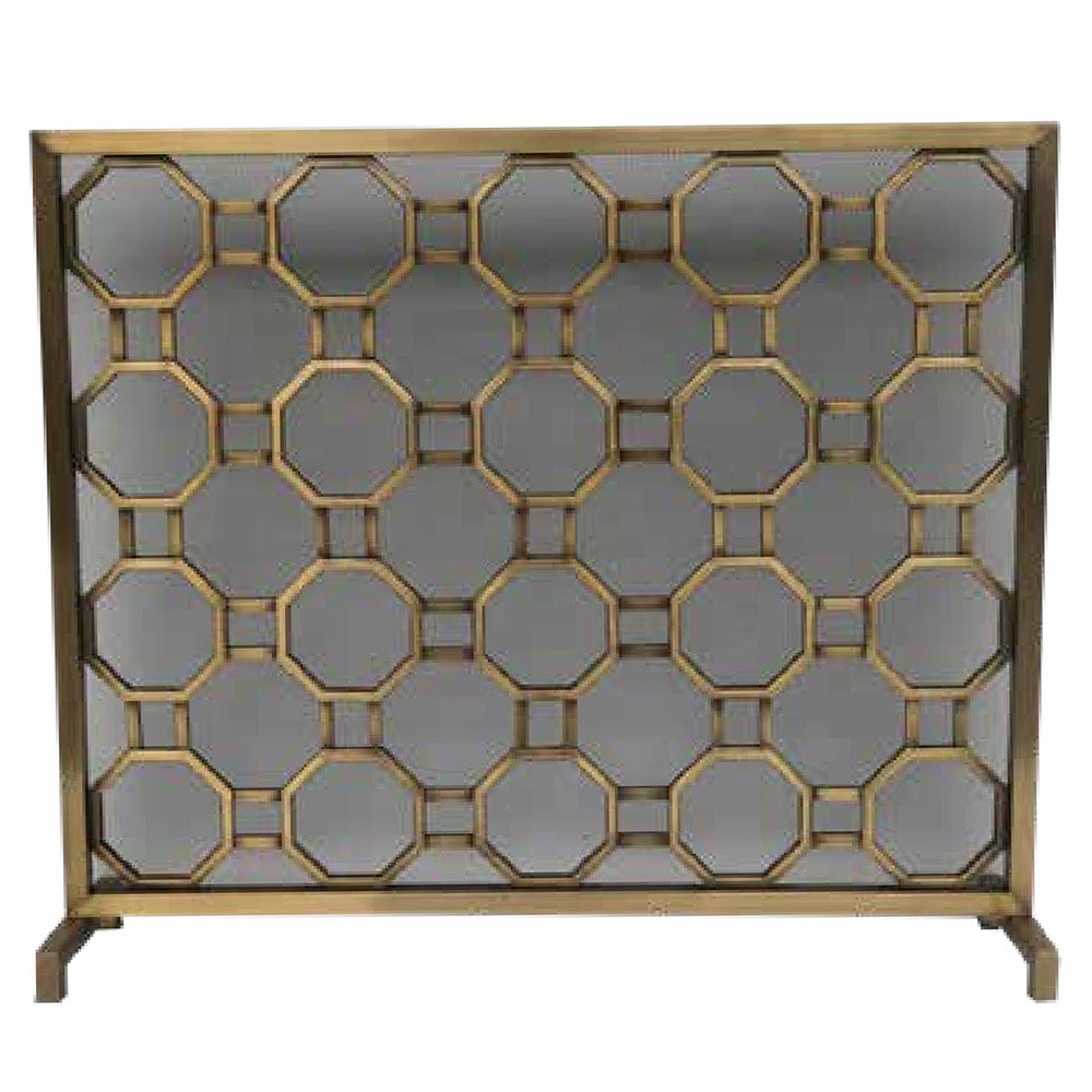 Gold-finished panel screen with repeating hexagon lattice and circular motif