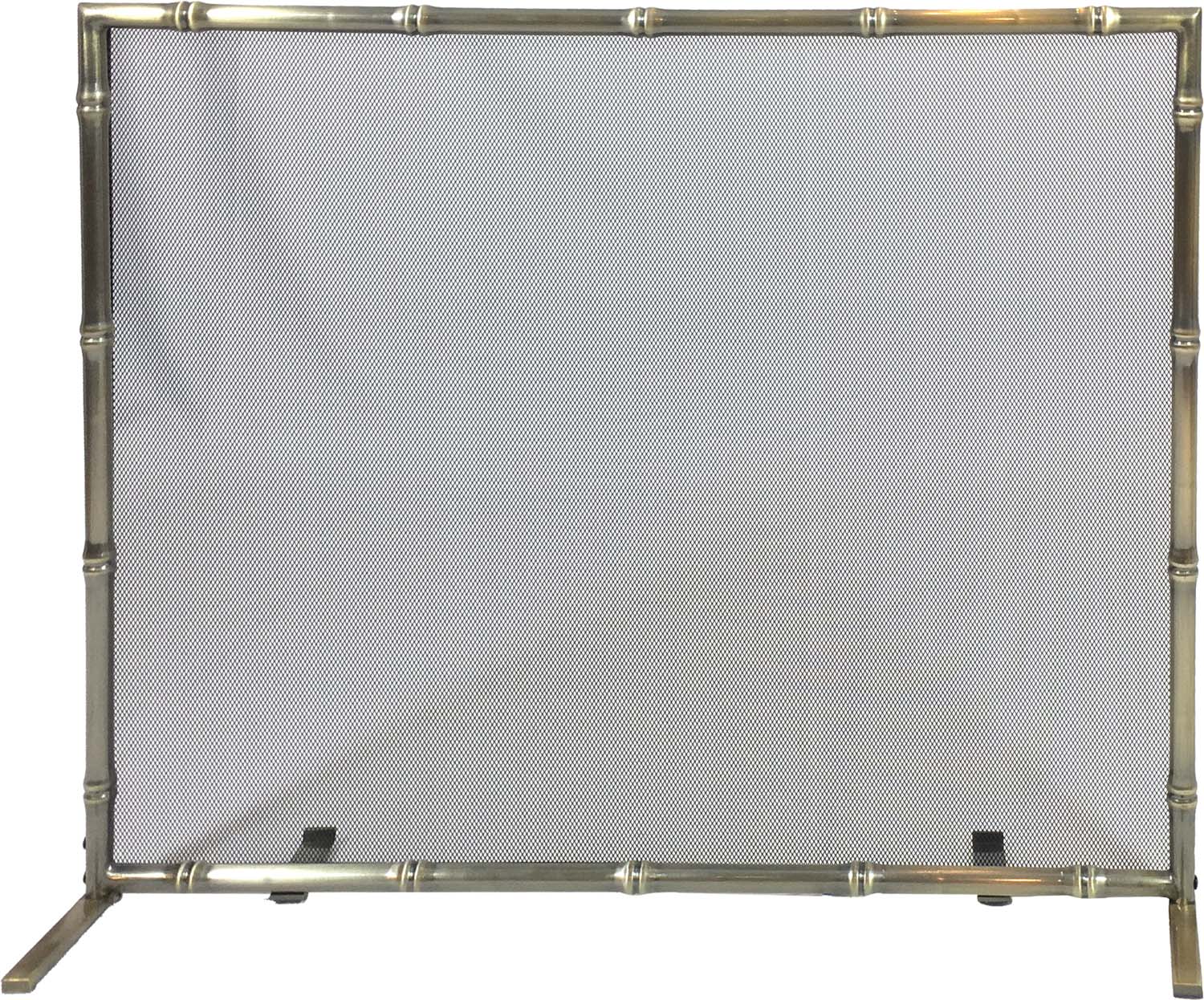 Antique brass fireplace screen with rectangular metal mesh panel and decorative frame