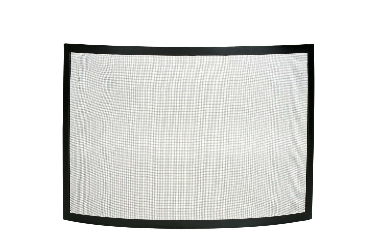 Black fireplace screen with curved mesh panel and rectangular frame, 40x30.5 in