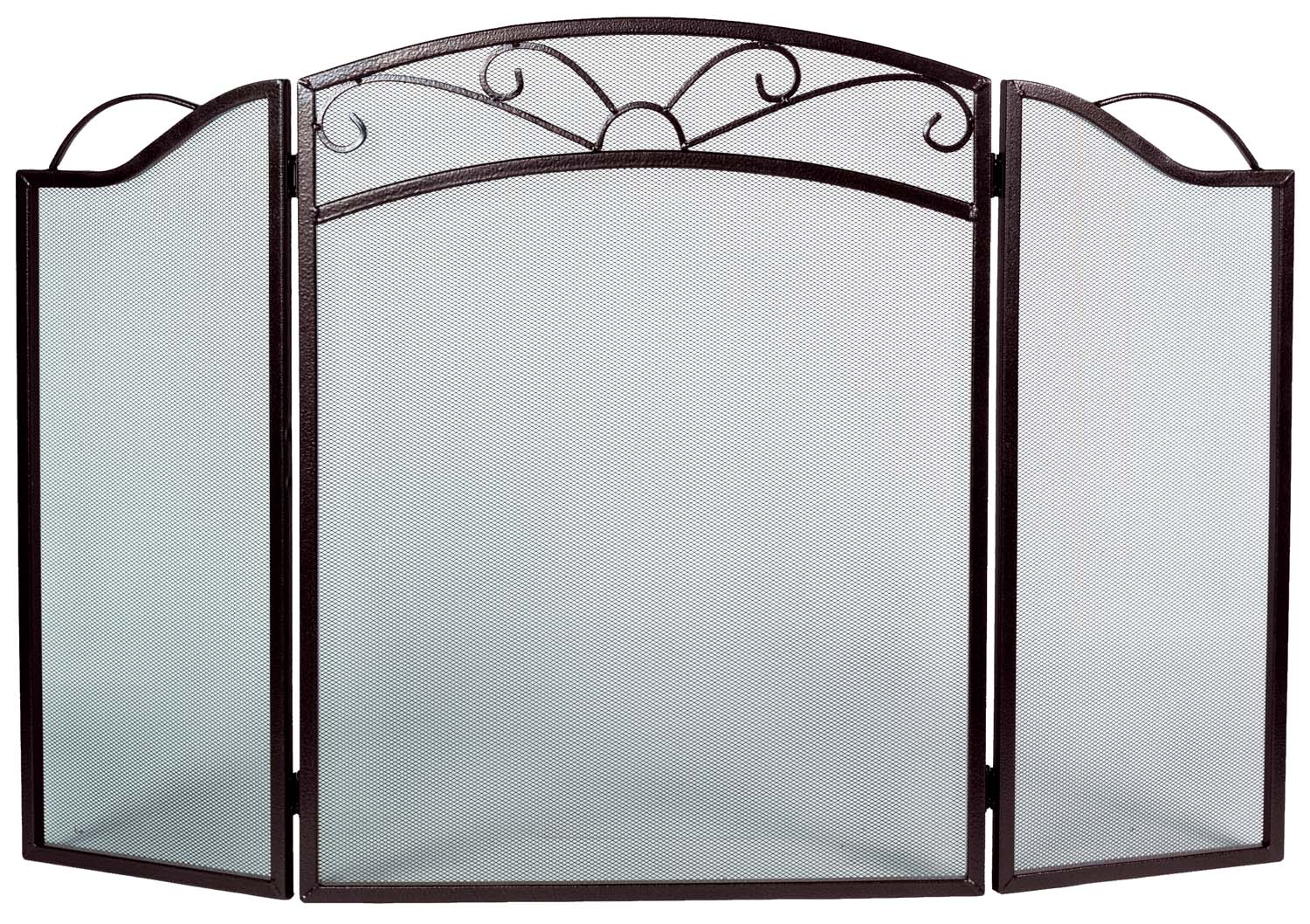 Three-fold arched bronze fireplace screen with mesh panels