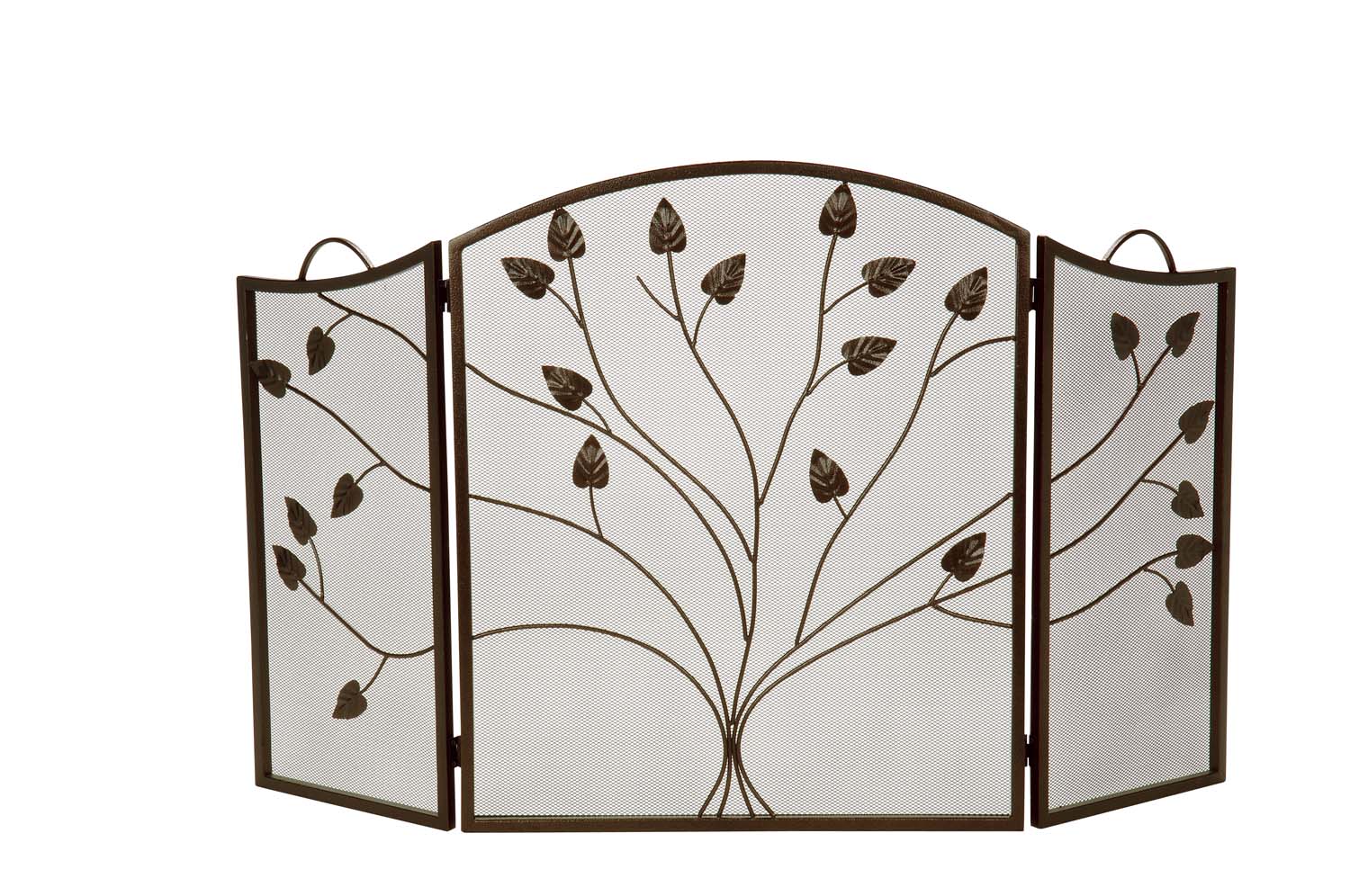 Bronze three-fold arched fireplace screen with leaf motif panels