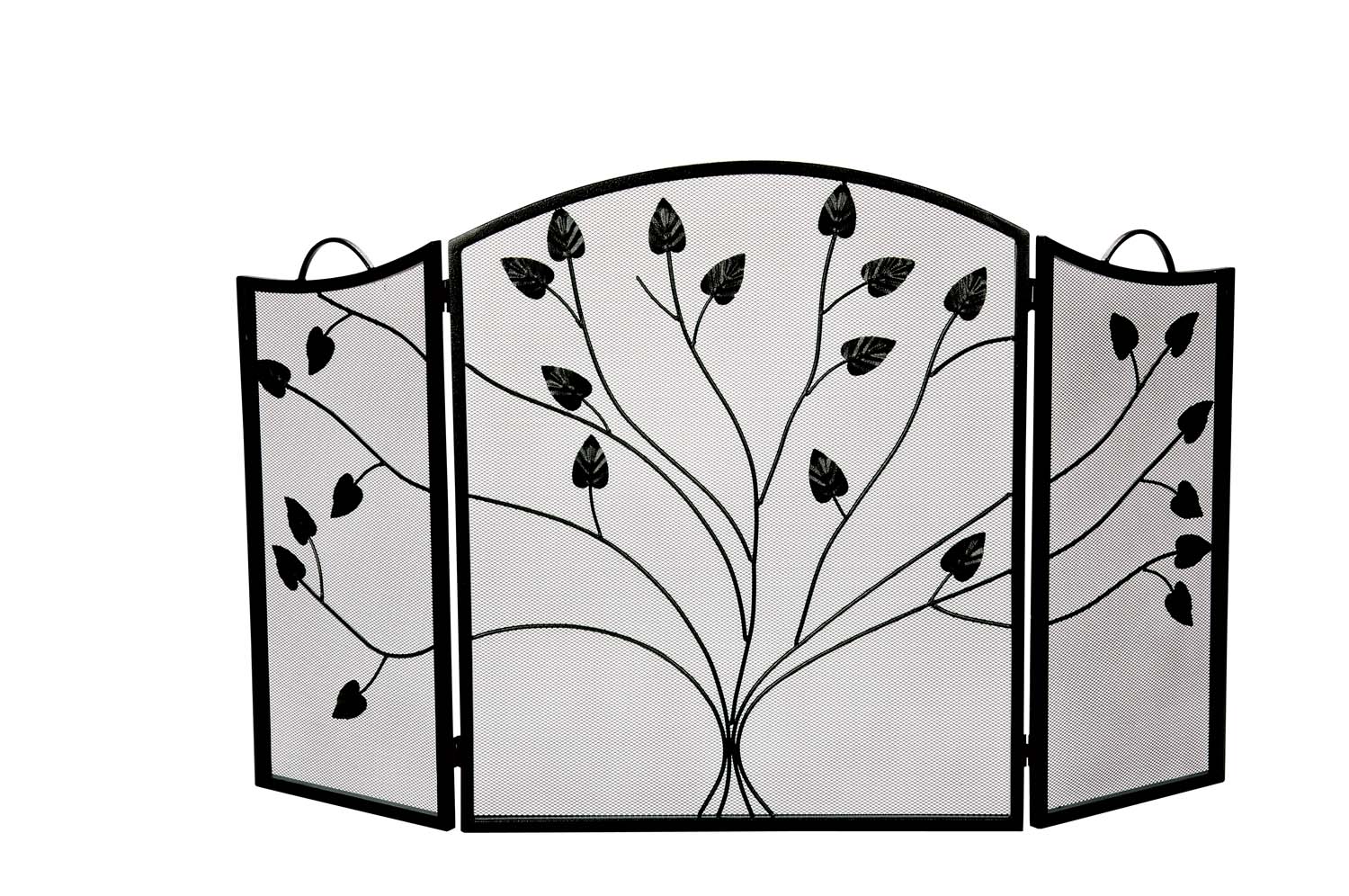 Three-fold arched fireplace screen with black frame and leaf branch pattern
