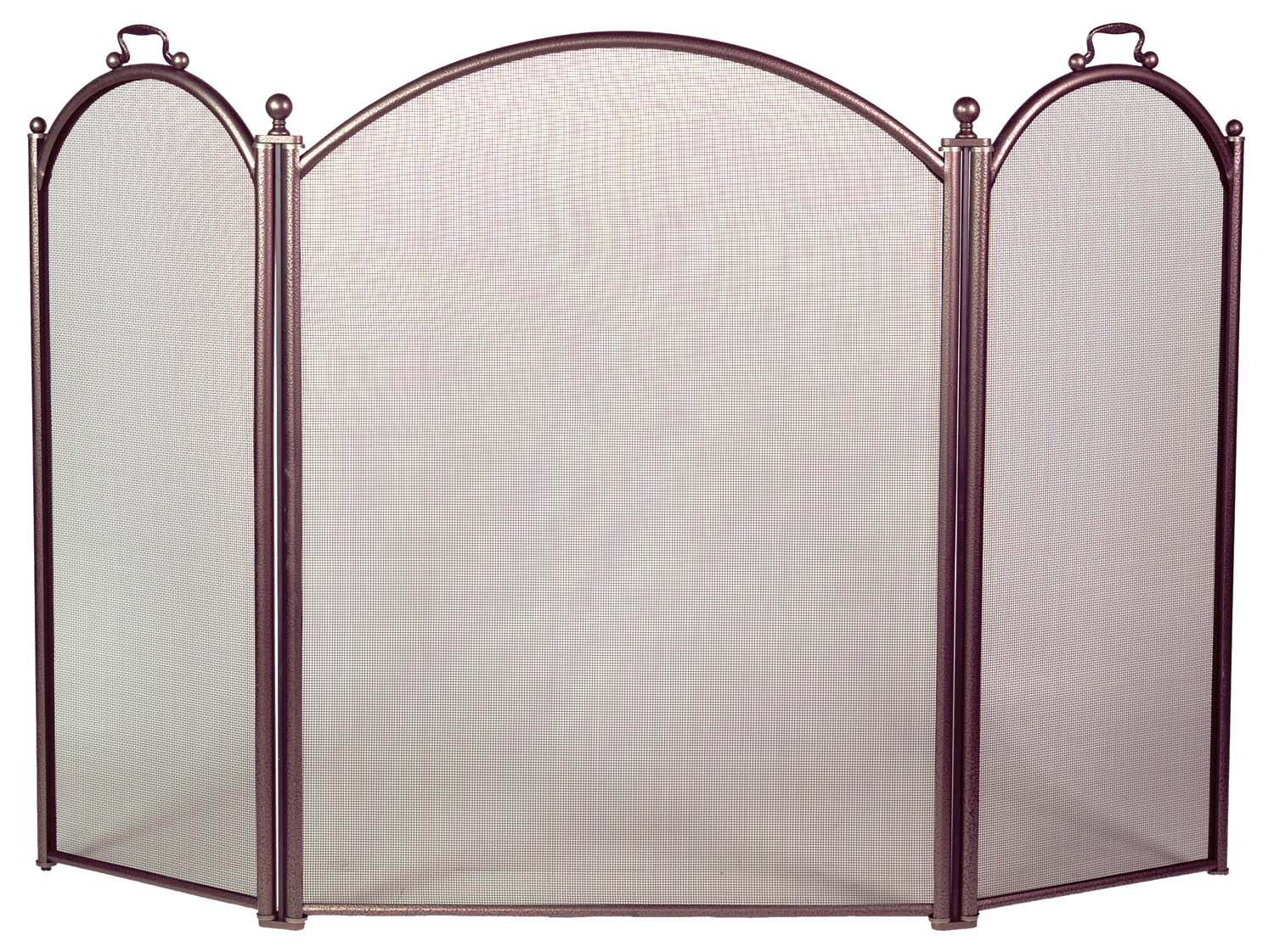 Arched fireplace screen with bronze frame and mesh panels