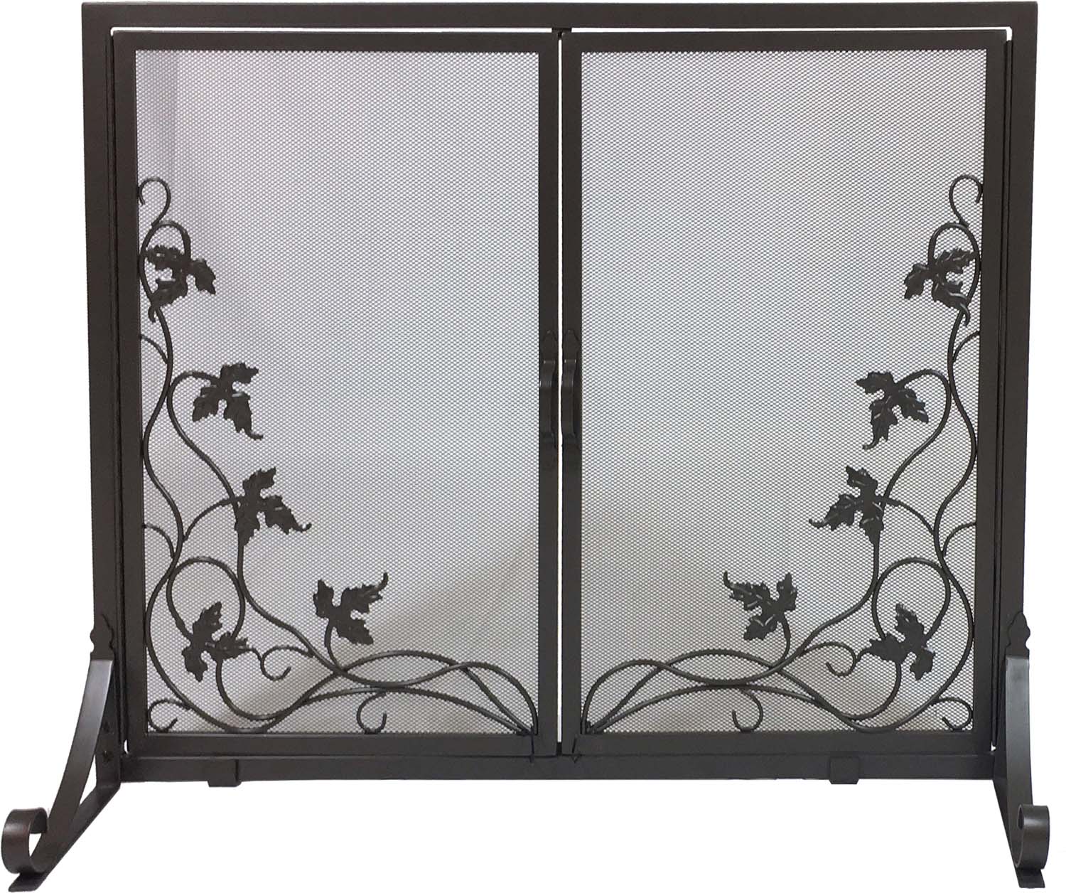Fireplace screen with double doors, dark metal frame and vine scroll design, mesh panels