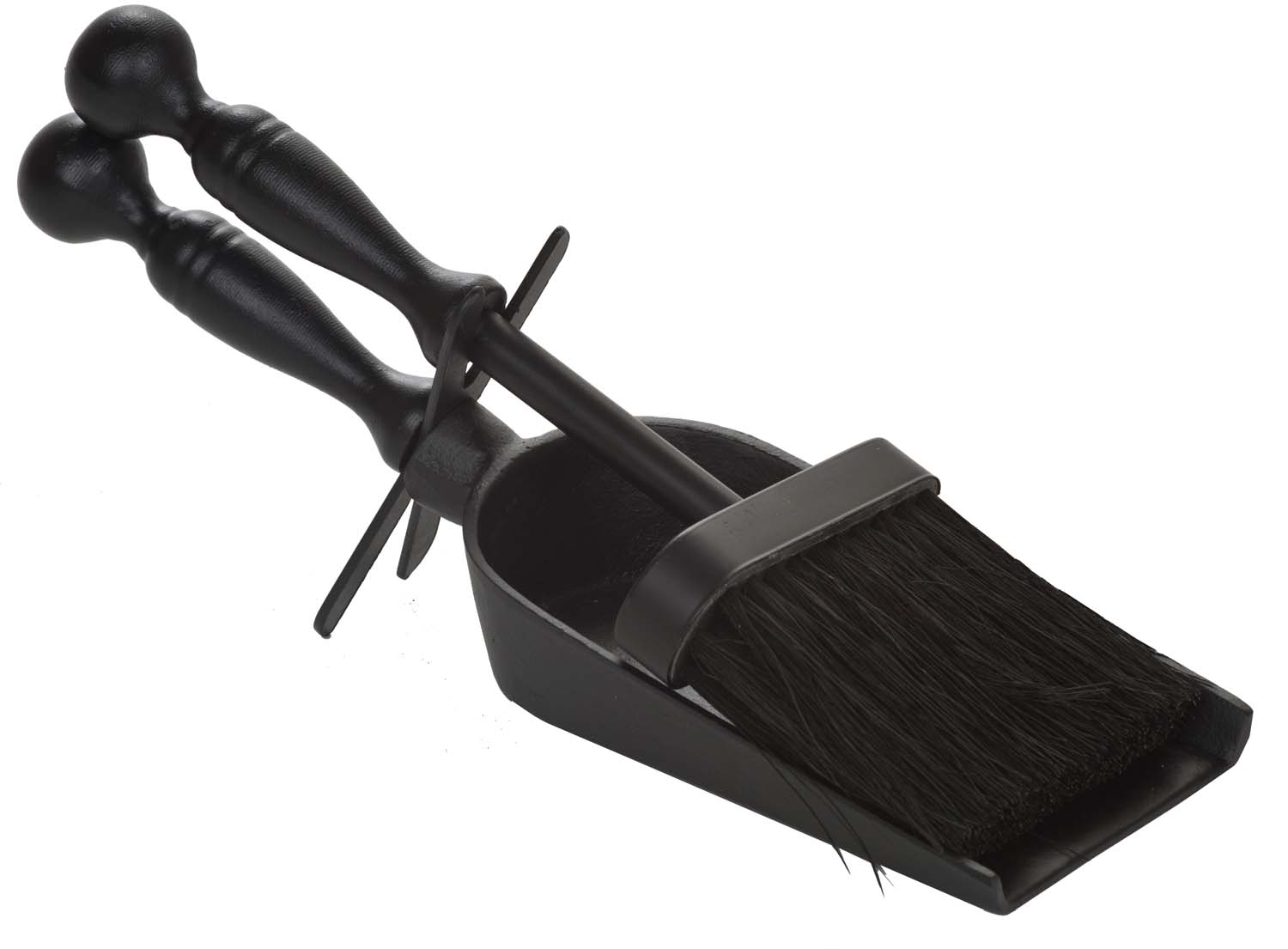 Black ash brush and shovel with angled bristle head and dual-prong handle