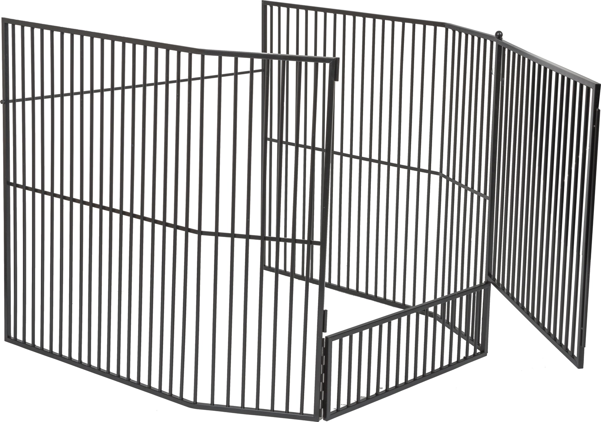 Stove guard screen with door, rectangular black metal grid enclosure