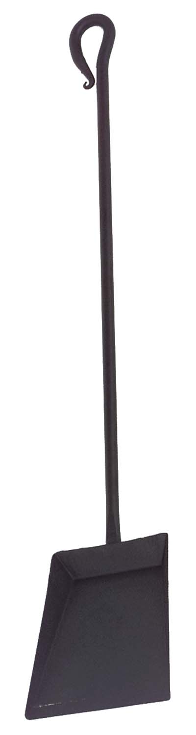 Shovel with long handle and flat square dark blade, with looped top