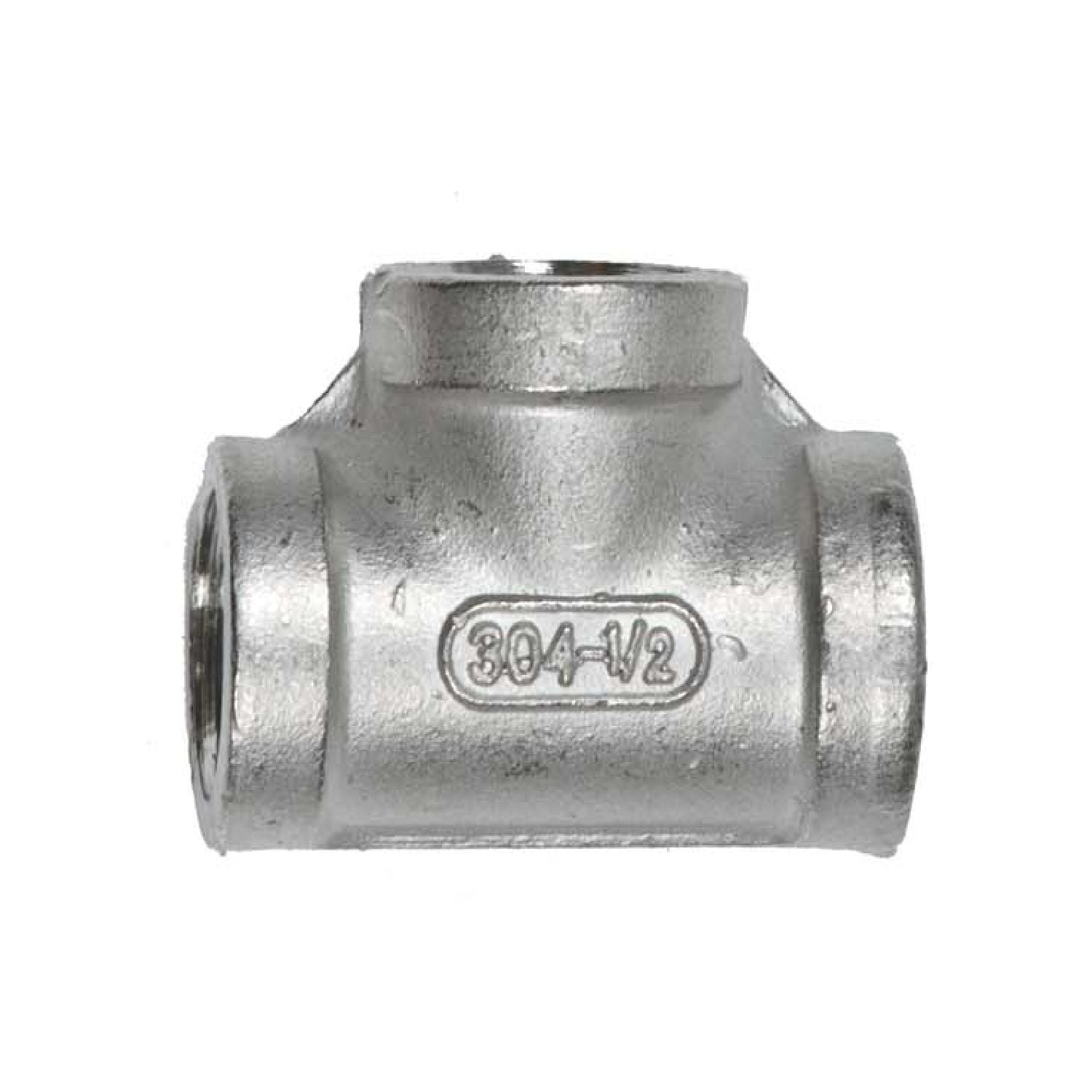 Silver metal pipe fitting with side openings and stamped 304-H2 marking