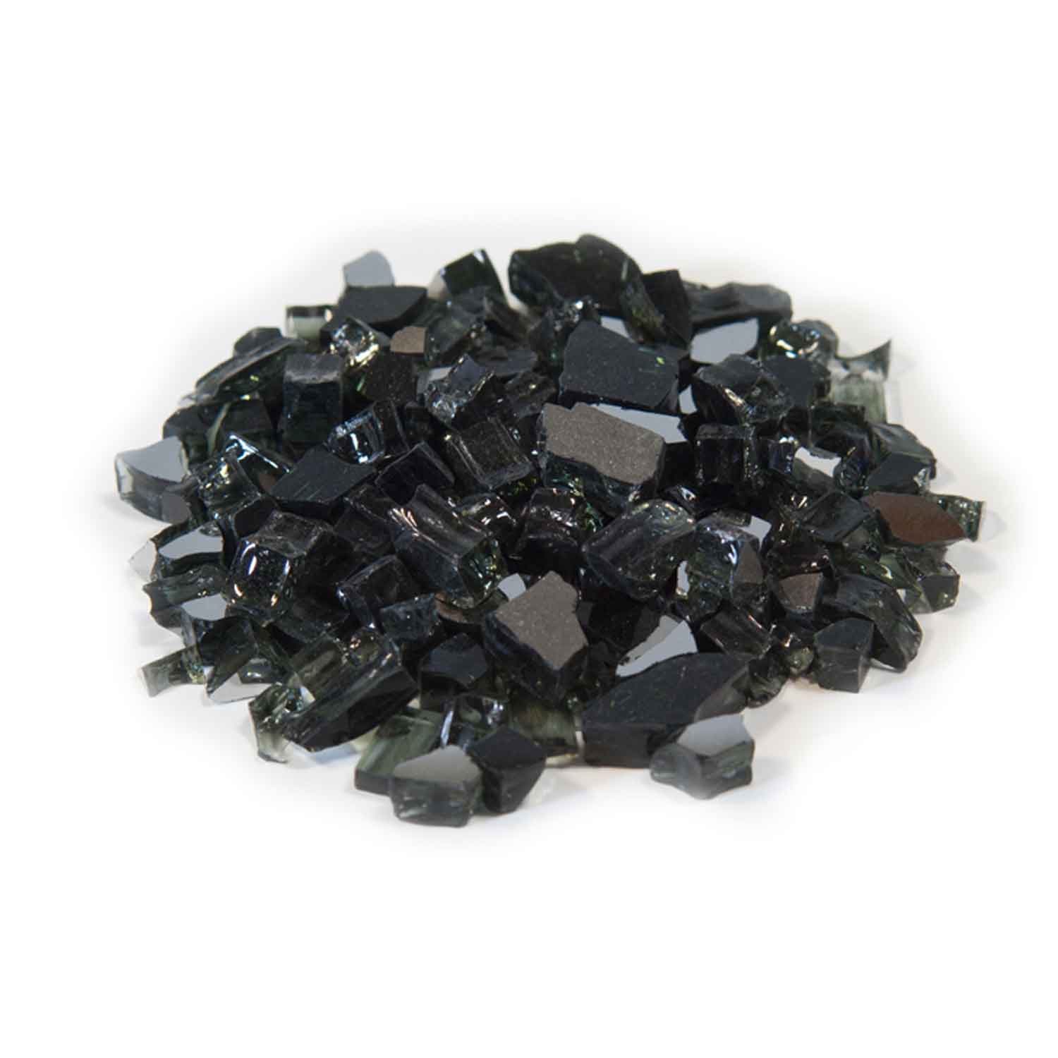 Black reflective fire glass media with small faceted glass chunks
