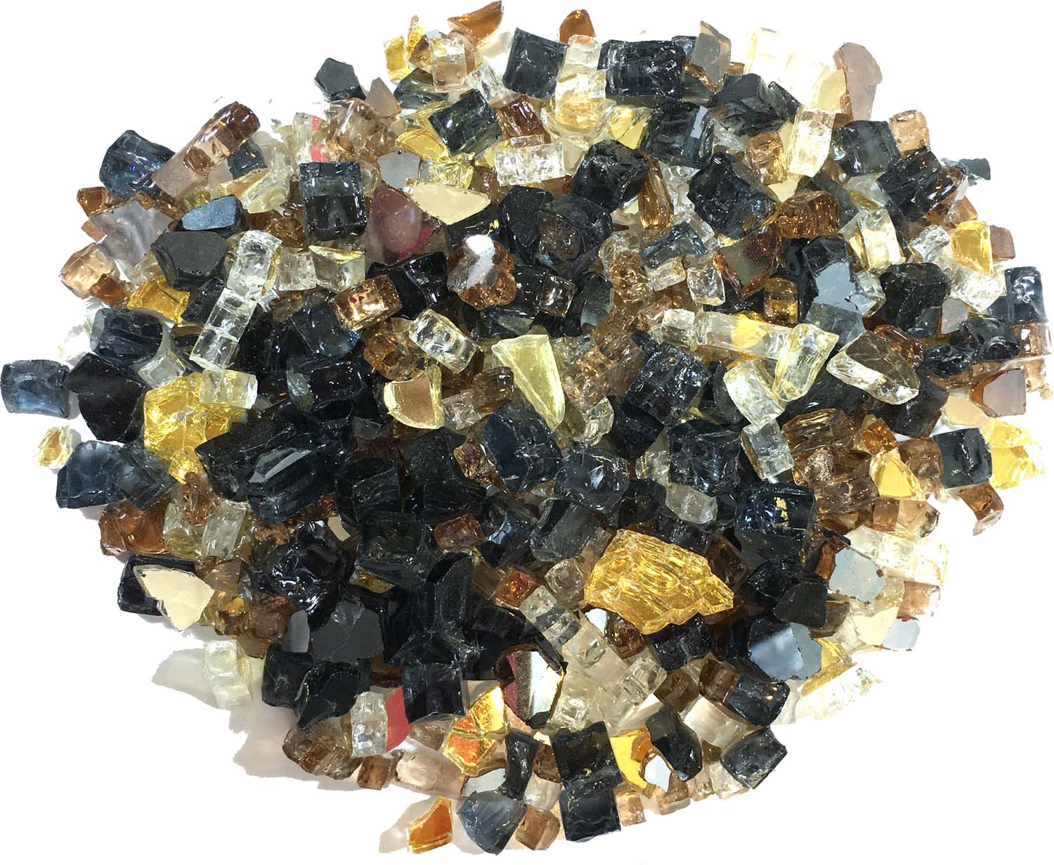 Multicolor reflective fire glass pieces in black, gold, blue, and clear tones