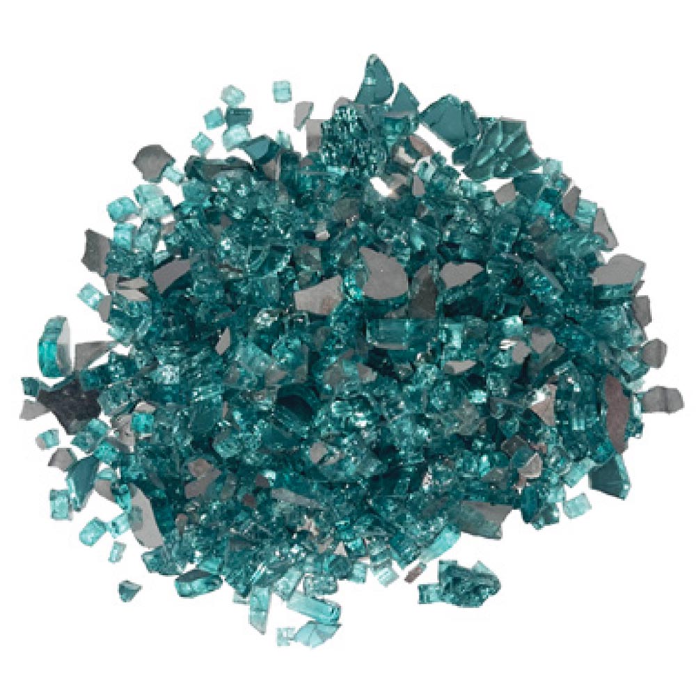 Jade reflective fire glass, 1/4-inch teal glass shards and chunks.
