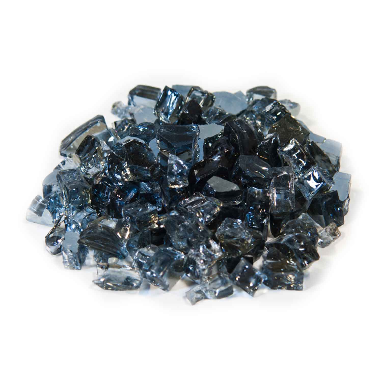 Reflective fire glass shards, dark blue and black, platinum-toned sparkle, 1/2 inch