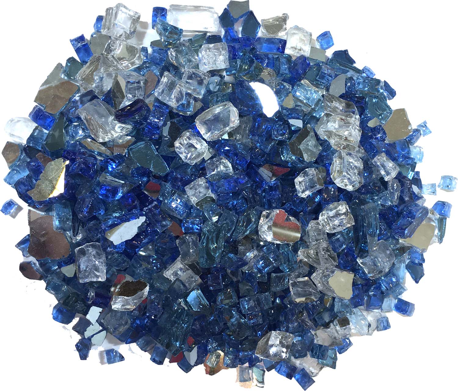 1/4-inch reflective fire glass stones, blue and clear mixed pieces