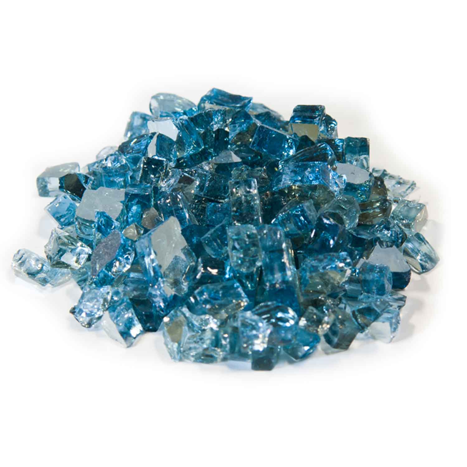 Reflective fire glass in steel blue, 1/2-inch crushed glass pieces