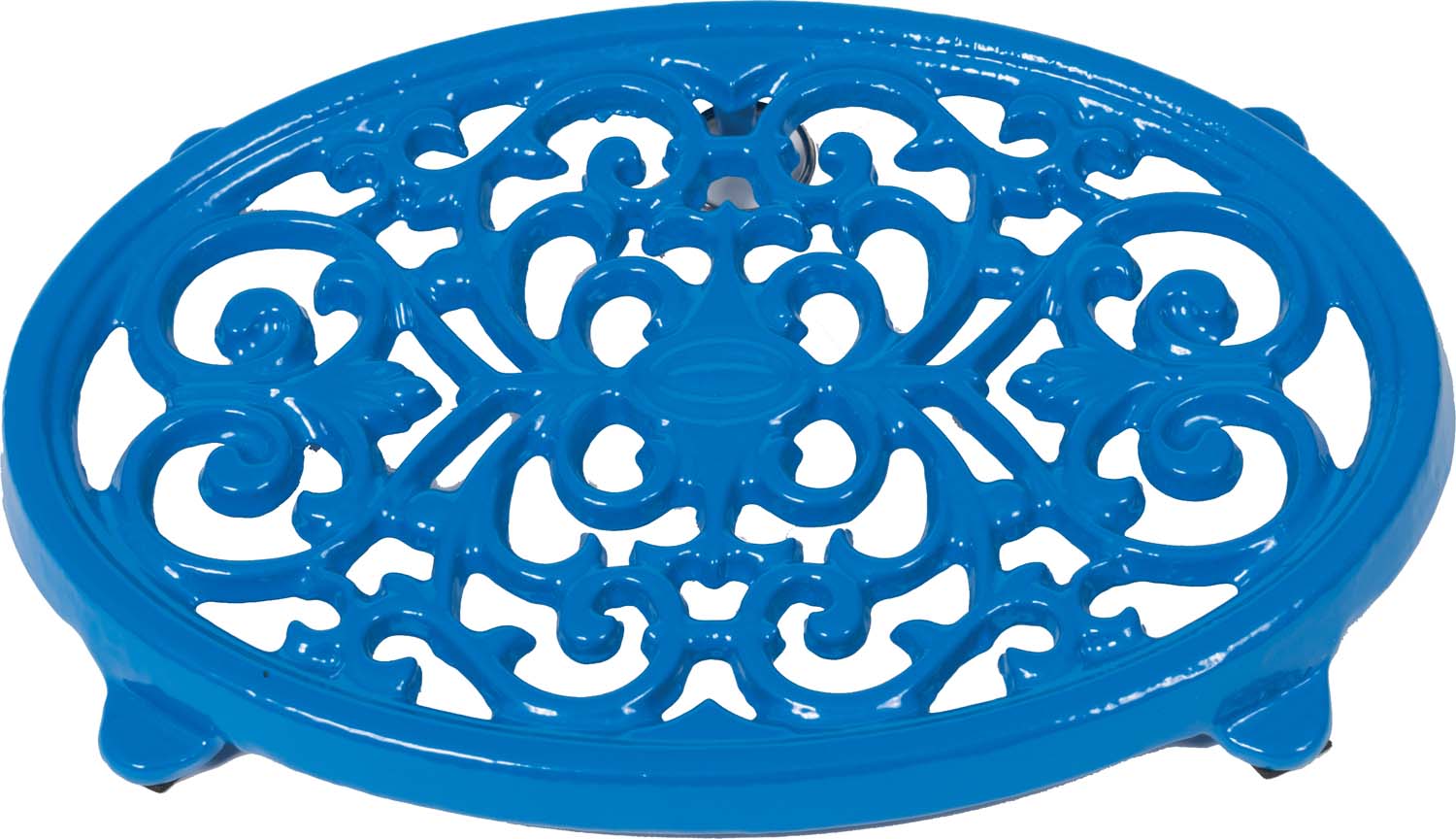 Dagan blue 9-inch round trivet with ornate cutout pattern and three small feet