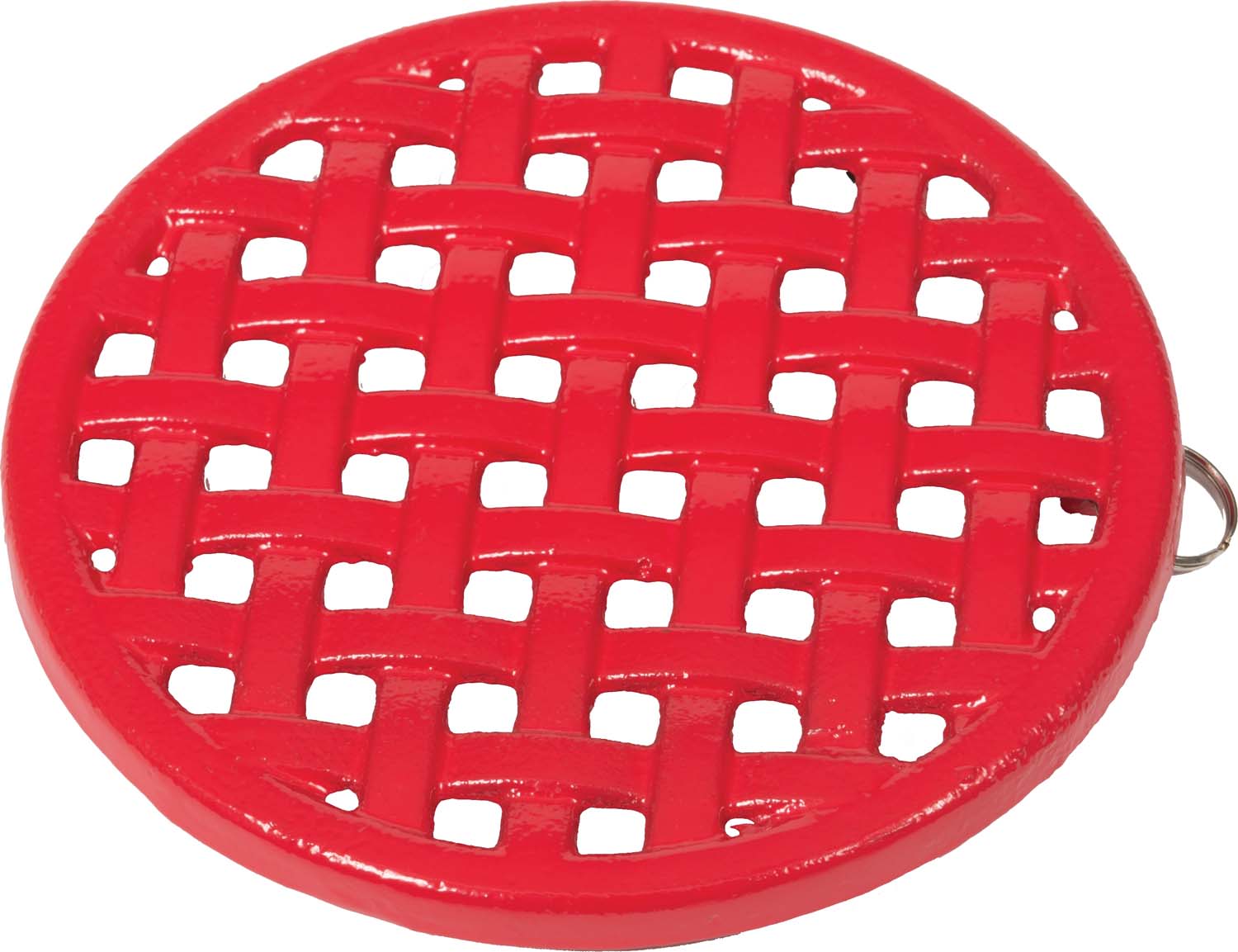 Red plastic round trivet with lattice holes and metal hanging loop
