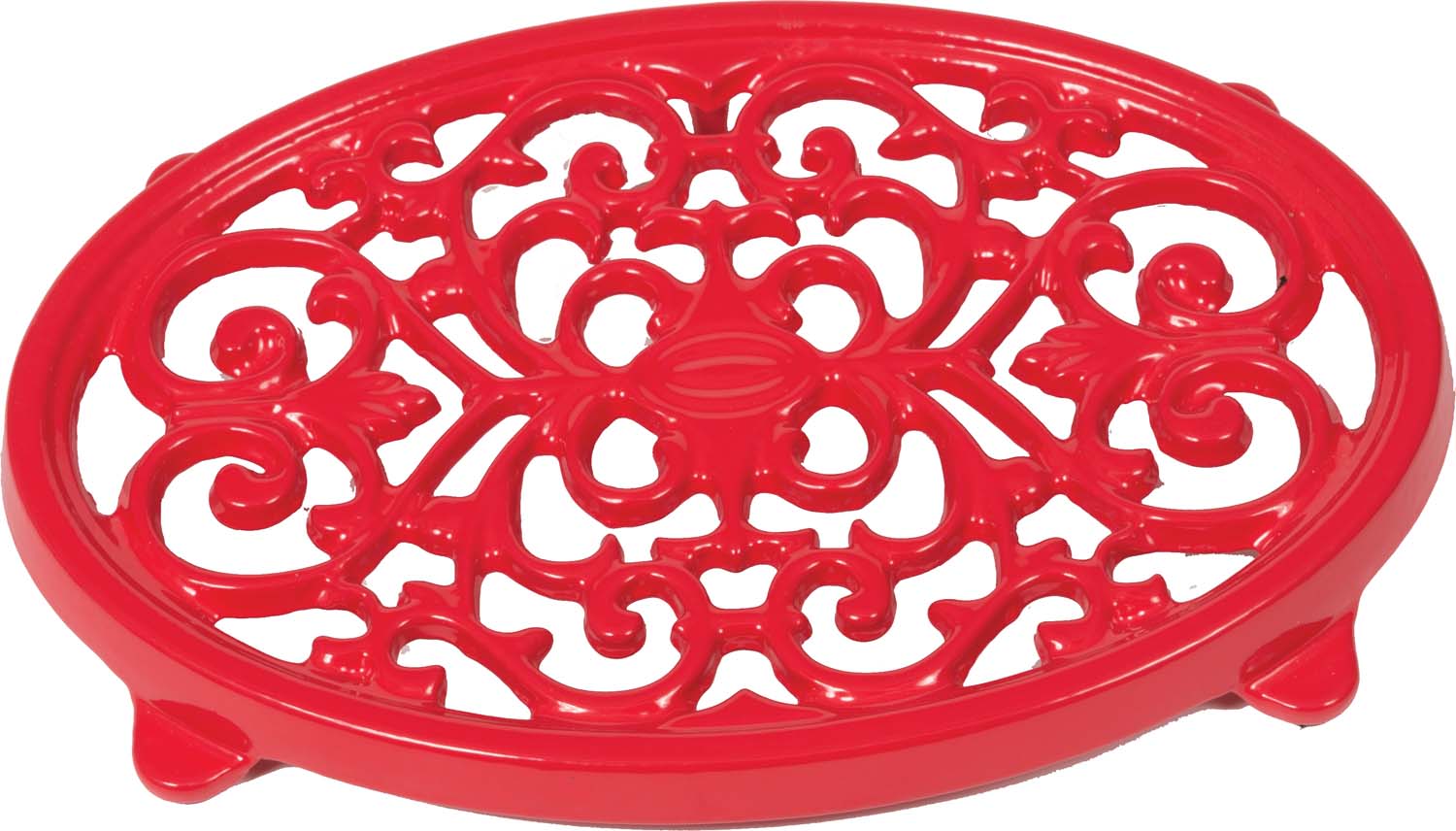 Red oval trivet with ornate cutout pattern and raised feet