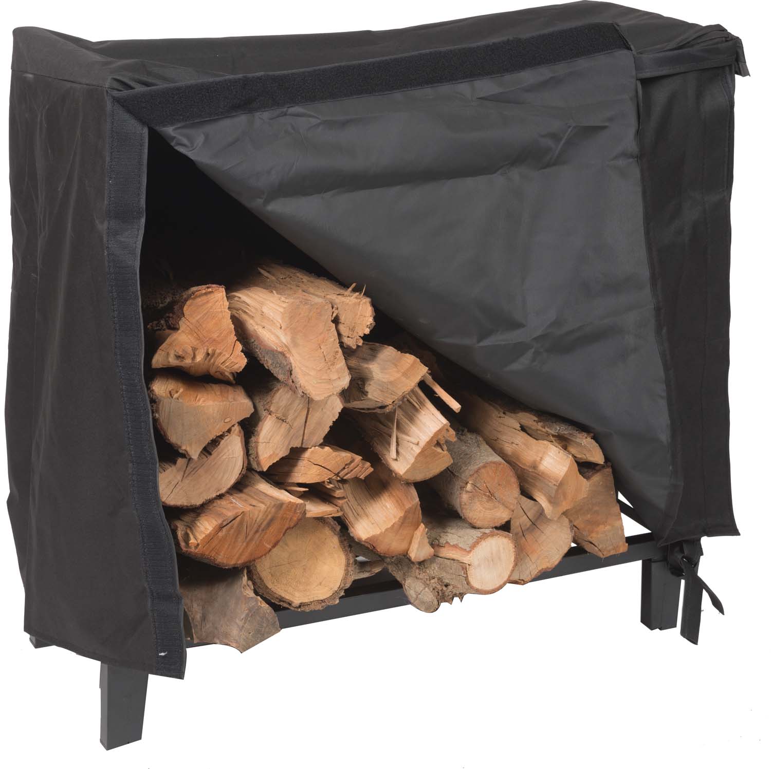 Black log holder cover with front opening and tie straps, 32x24 inches