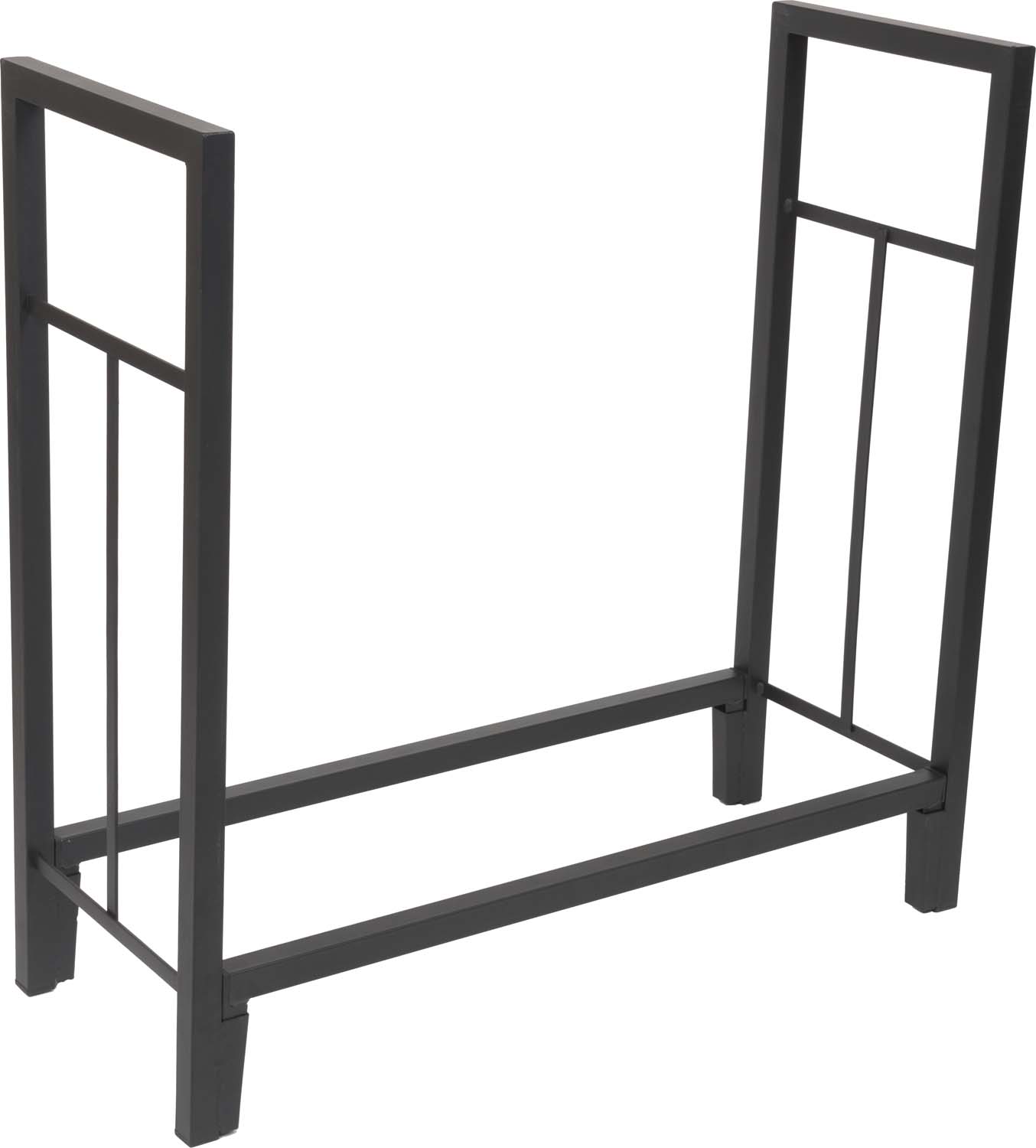Black metal log holder stand with two upright frames and base platform