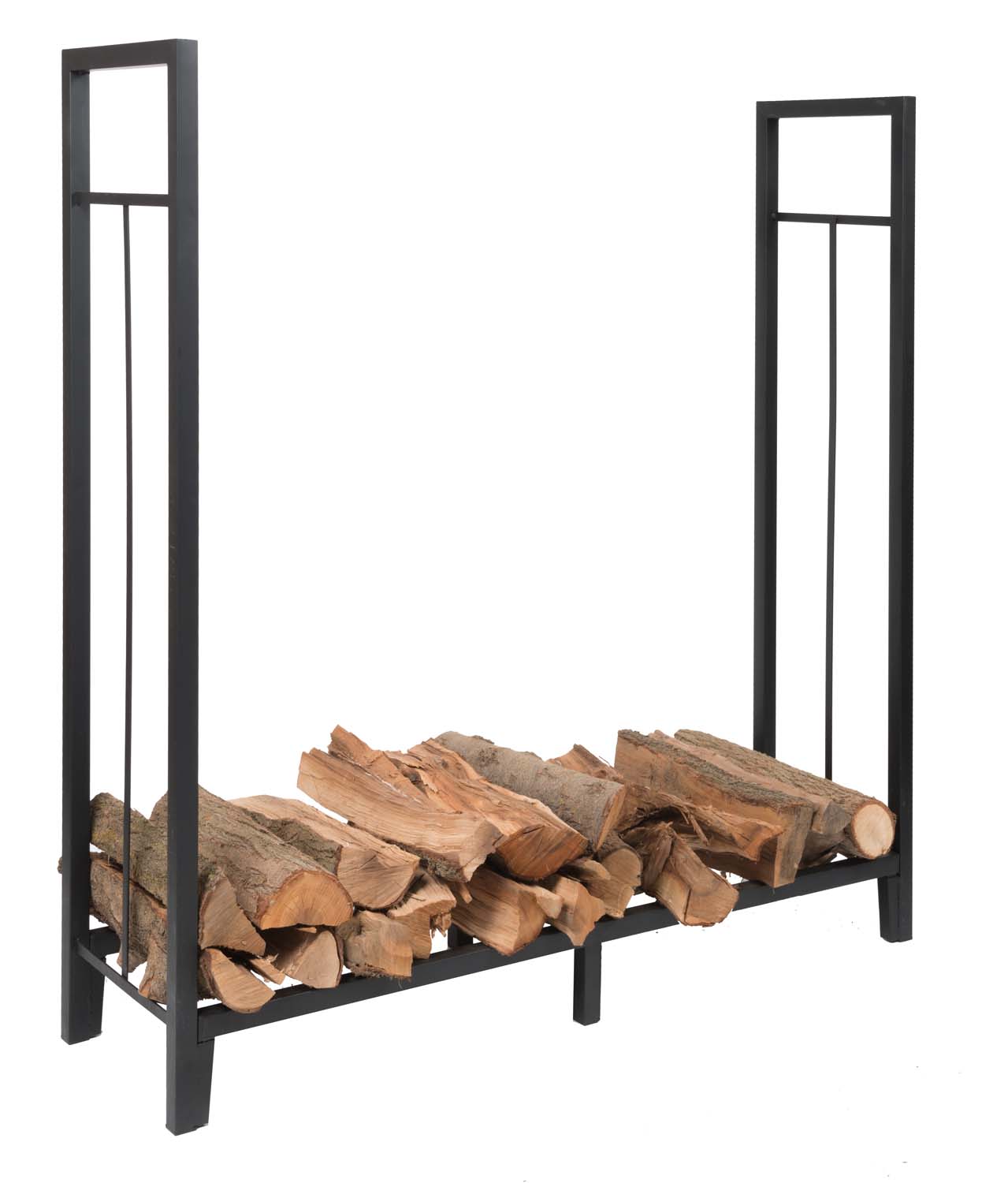 Black metal log holder with rectangular frame, side supports, raised base, for stacked logs