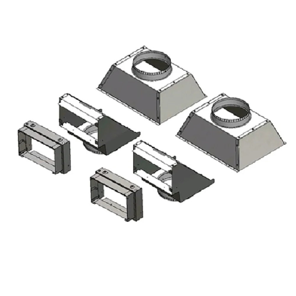 Ducted heat management side discharge kit with metal duct sections and end brackets