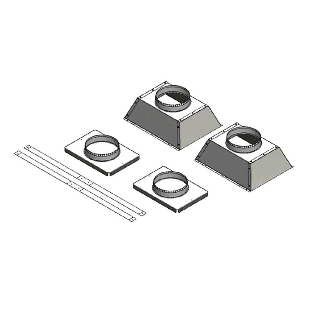 Metal duct termination plate kit with four collars, gray panels for direct vent fireplace