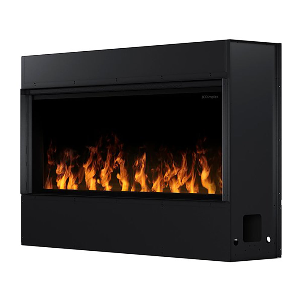 Black linear electric fireplace with realistic flame effect behind the front opening.