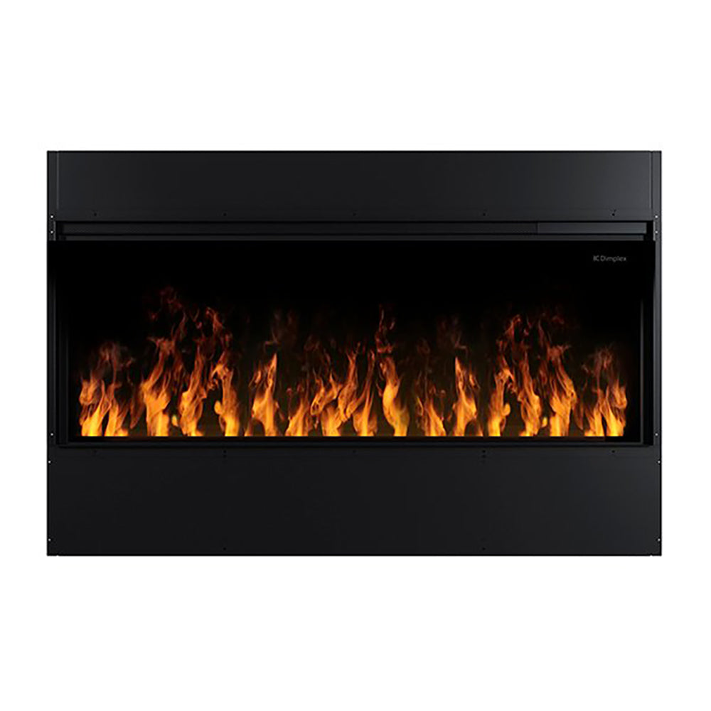 Black linear electric fireplace with centered flame display behind a glass front.